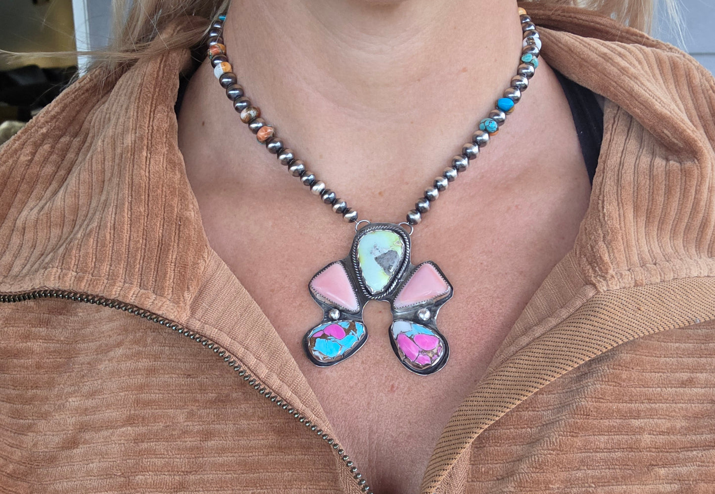 Palomino, Pink Conch, CottonCandy, Sterling Silver Navajo Style Pearls & Spiny Oyster Kingsmen Turquoise. 16 inches