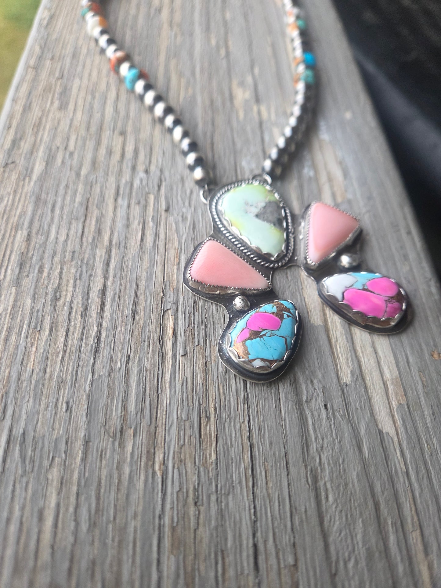 Palomino, Pink Conch, CottonCandy, Sterling Silver Navajo Style Pearls & Spiny Oyster Kingsmen Turquoise. 16 inches
