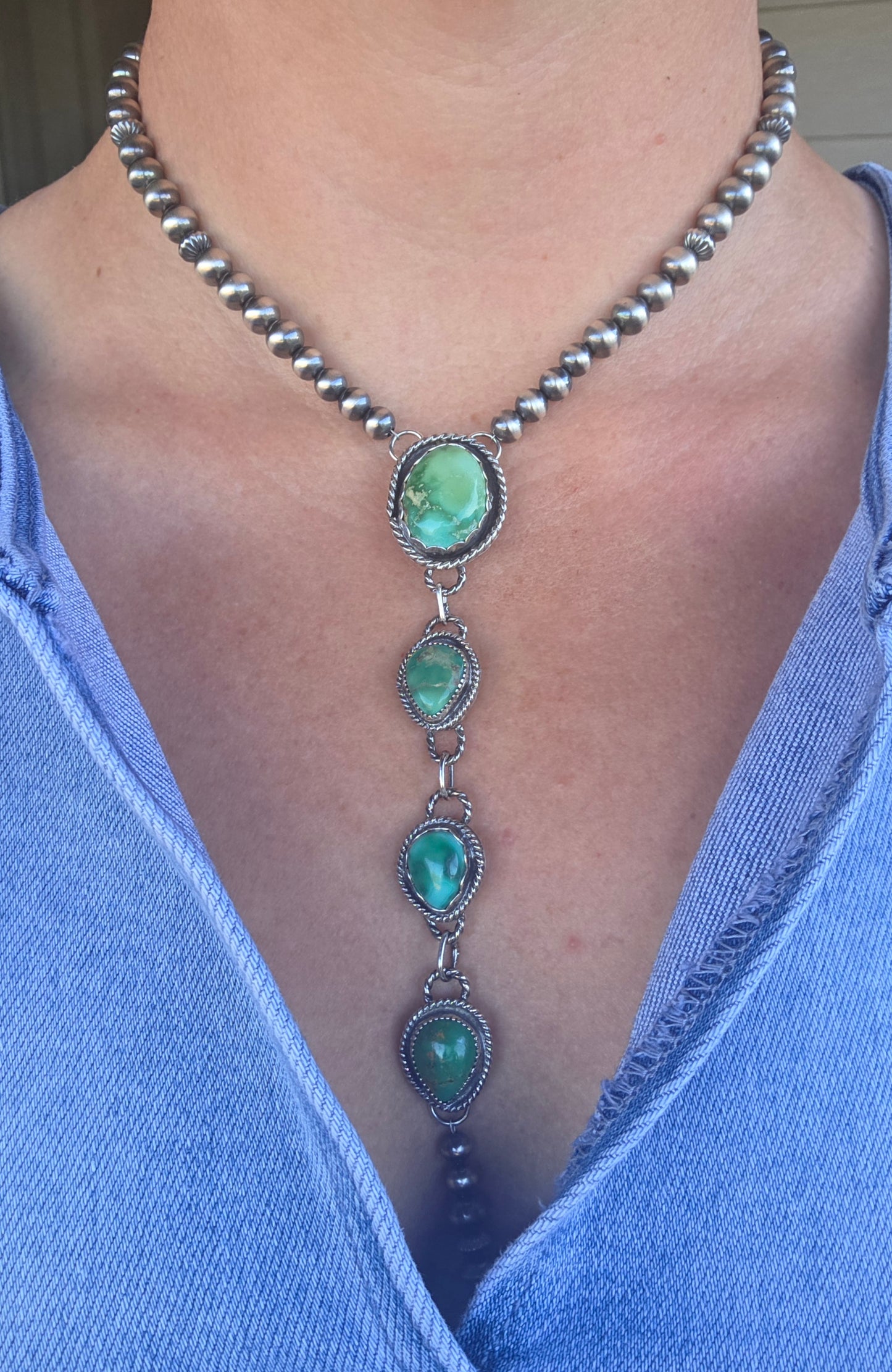 Choker Lariet Emerald Valley & Sonoran Turquoise & Sterling Silver Navajo Style Pearl • 16 inches with 6 inch drop