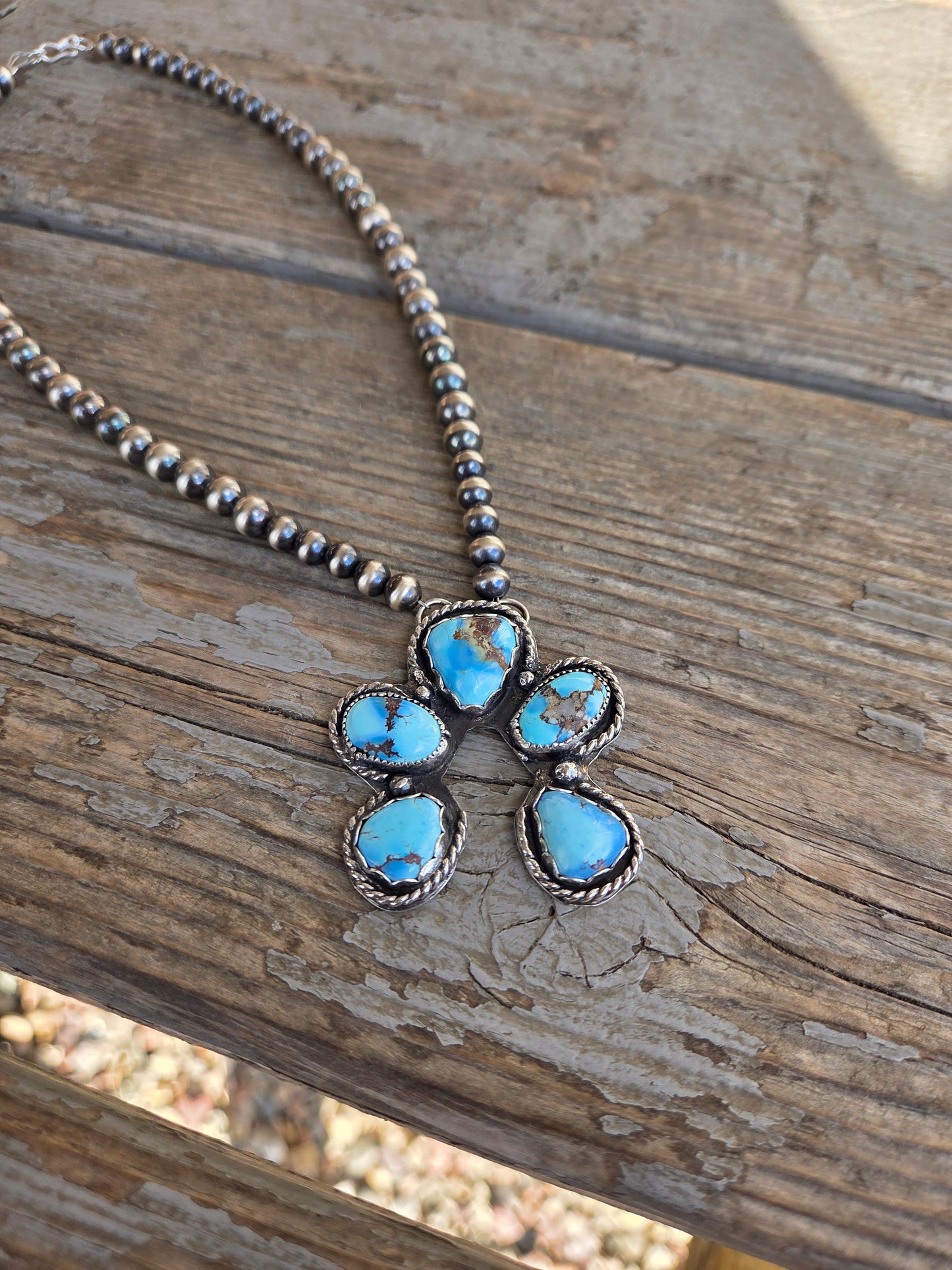 Golden Hill Turquoise, Sterling Silver Navajo Style Pearls. 17 inches