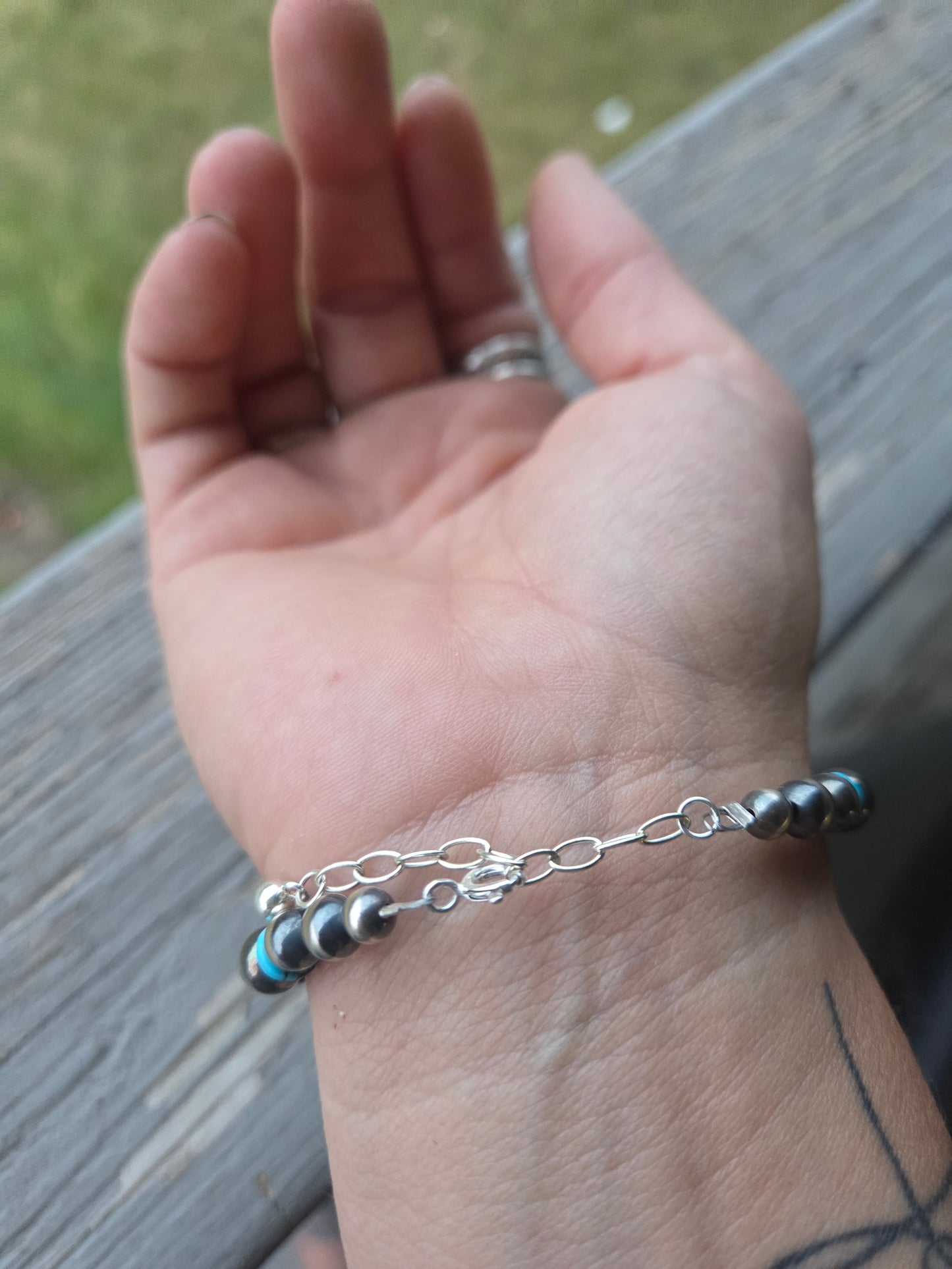 Buffalo Coin•Sterling Silver Navajo Style Pearl • Turquoise Sterling Silver Adjustable clasp.  fits size 6.25-8