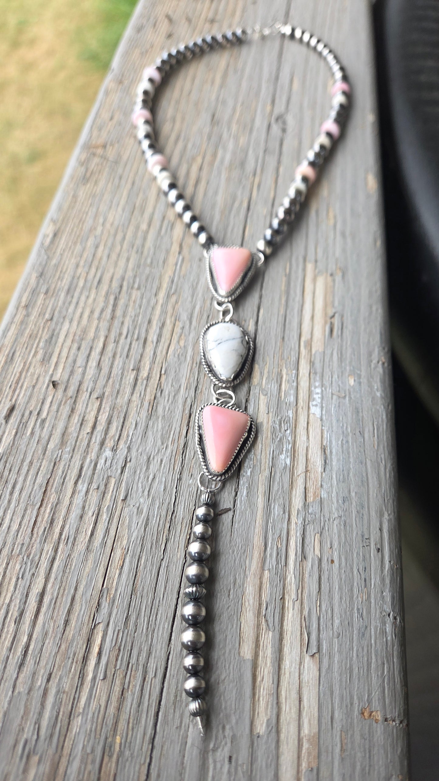 Pink Conch & White Buffalo Sterling Silver Navajo Style Pearls, White Buffalo, & Pink Conch 16 inches. 6 inch drop