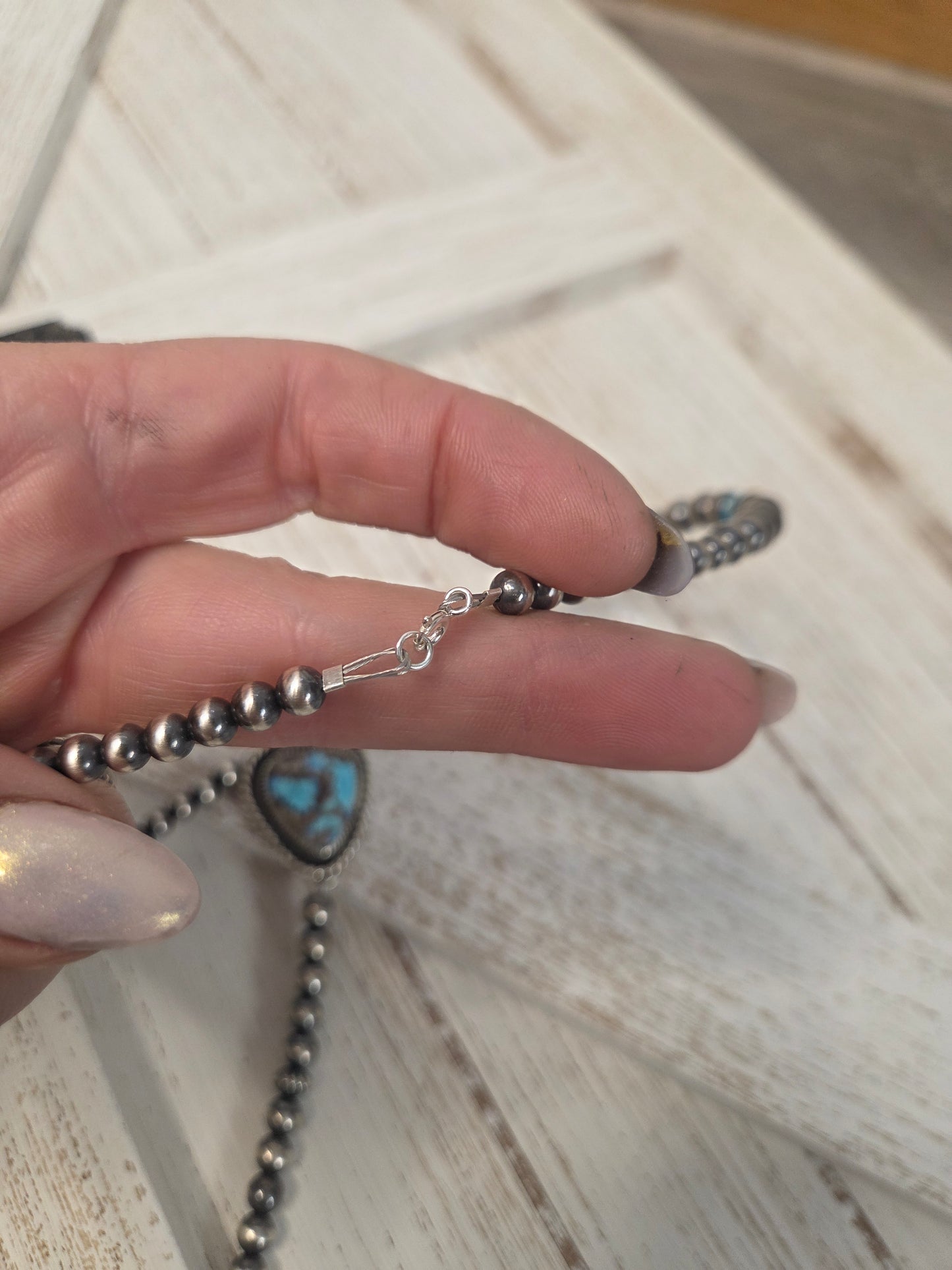 Golden Hill Turquoise Lariat & Sterling Silver Navajo Style Pearls & Turquoise 16 inches