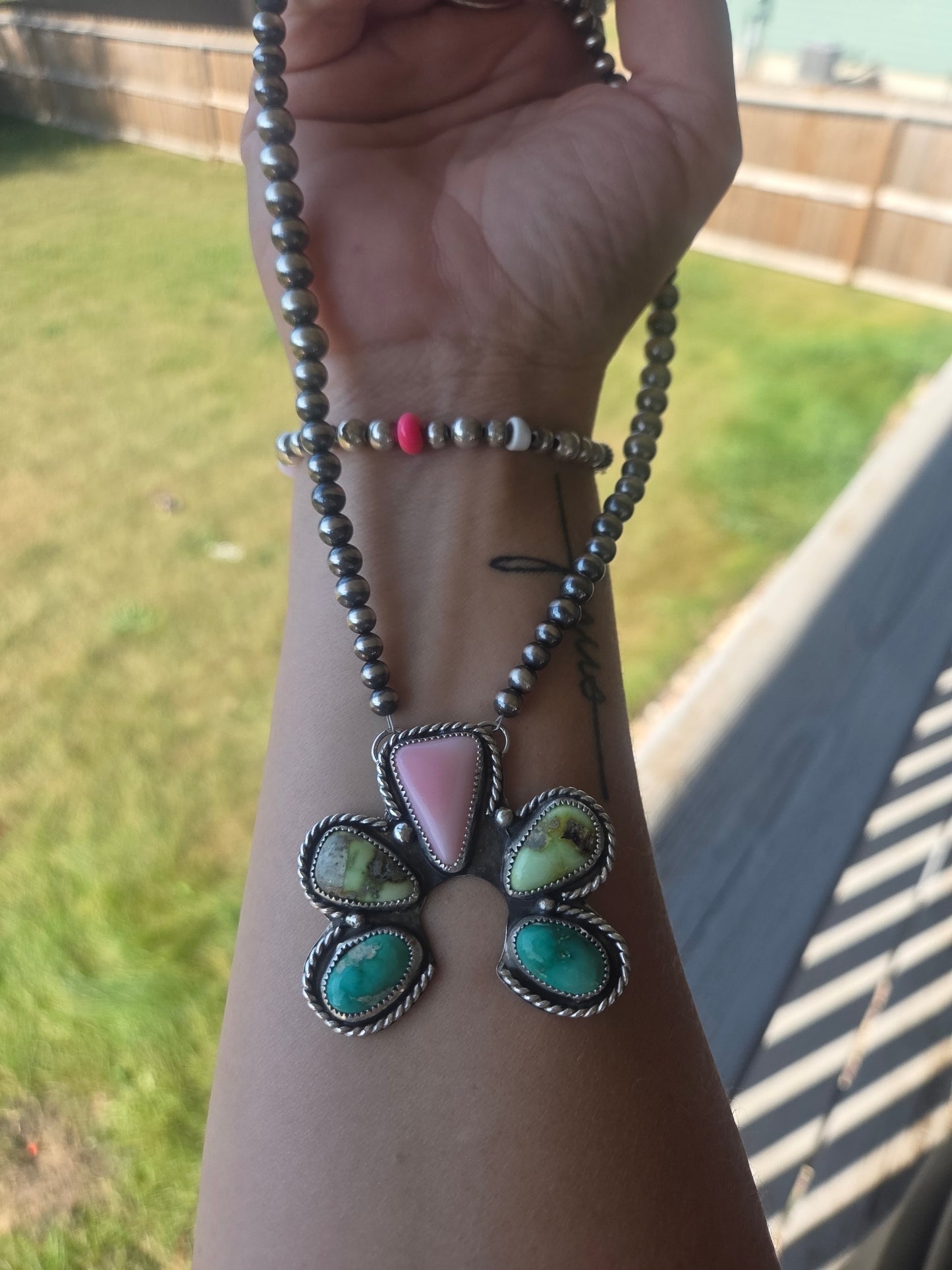 Palomino, Pink Conch, Emerald Valley Turquoise, Sterling Silver Navajo Style Pearls. 16 inches