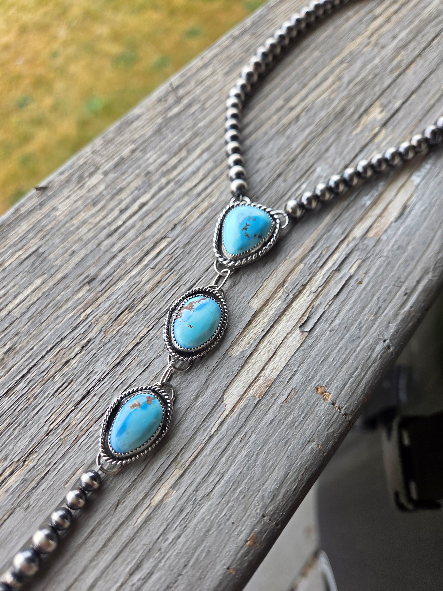 Choker Lariet Golden Hill Turquoise & Sterling Silver Navajo Style Pearl • 15.5 inches with 6 inch drop
