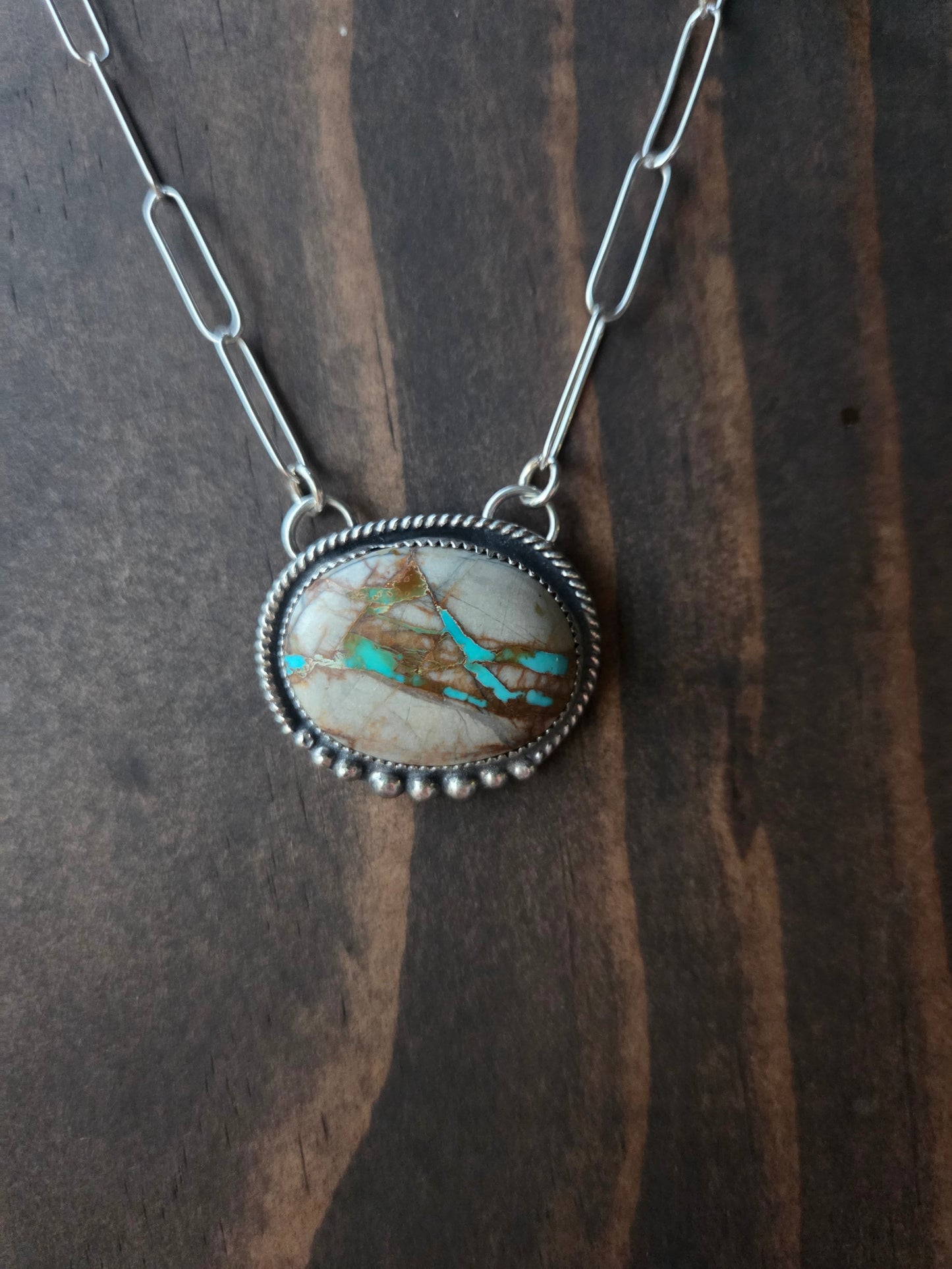 Boulder Turquoise on Paper Clip sterling Silver Chain
