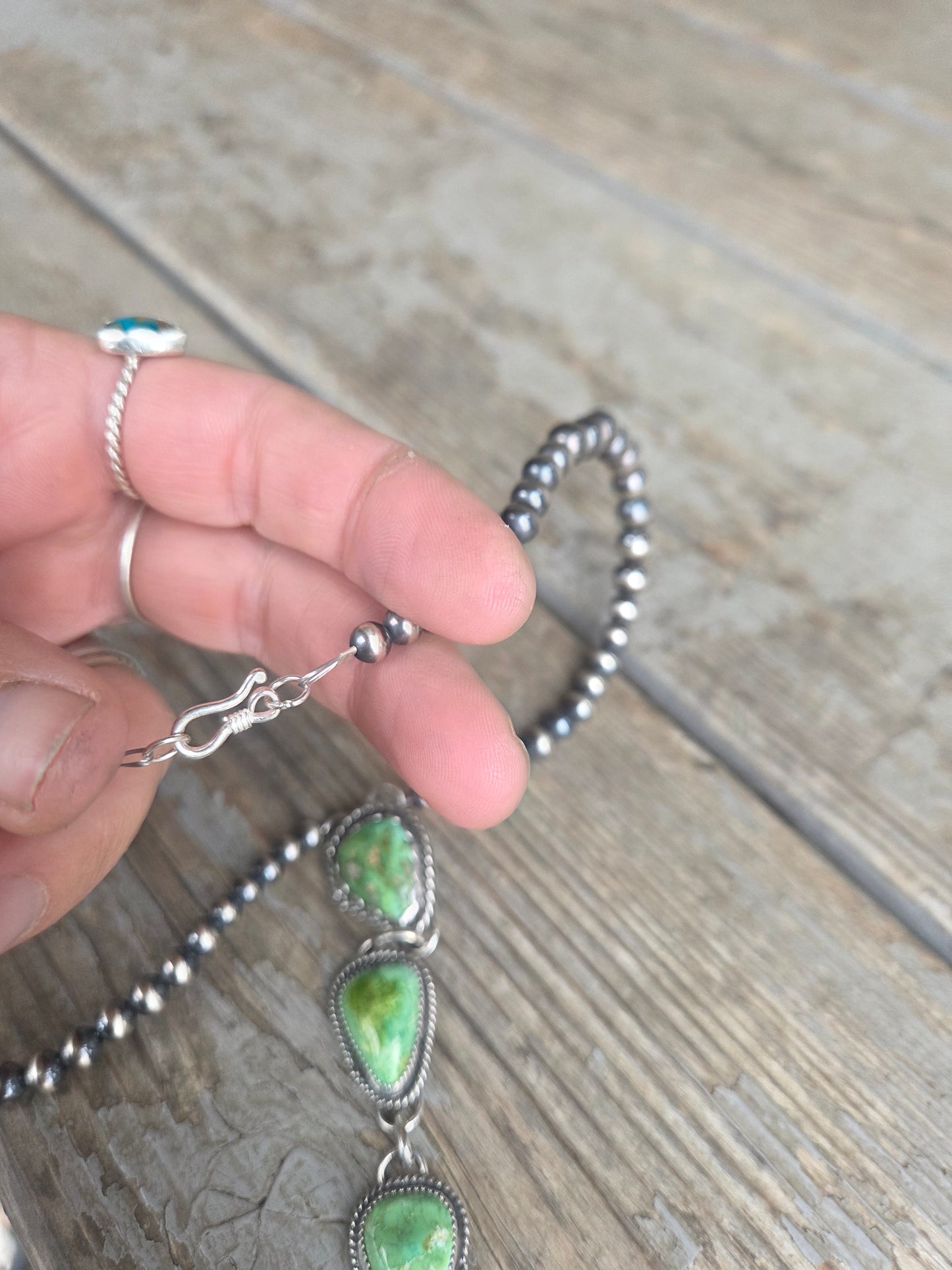 Sonoran Turquoise & Sterling Silver Navajo Style Pearl • 16 inches with 6 inch drop