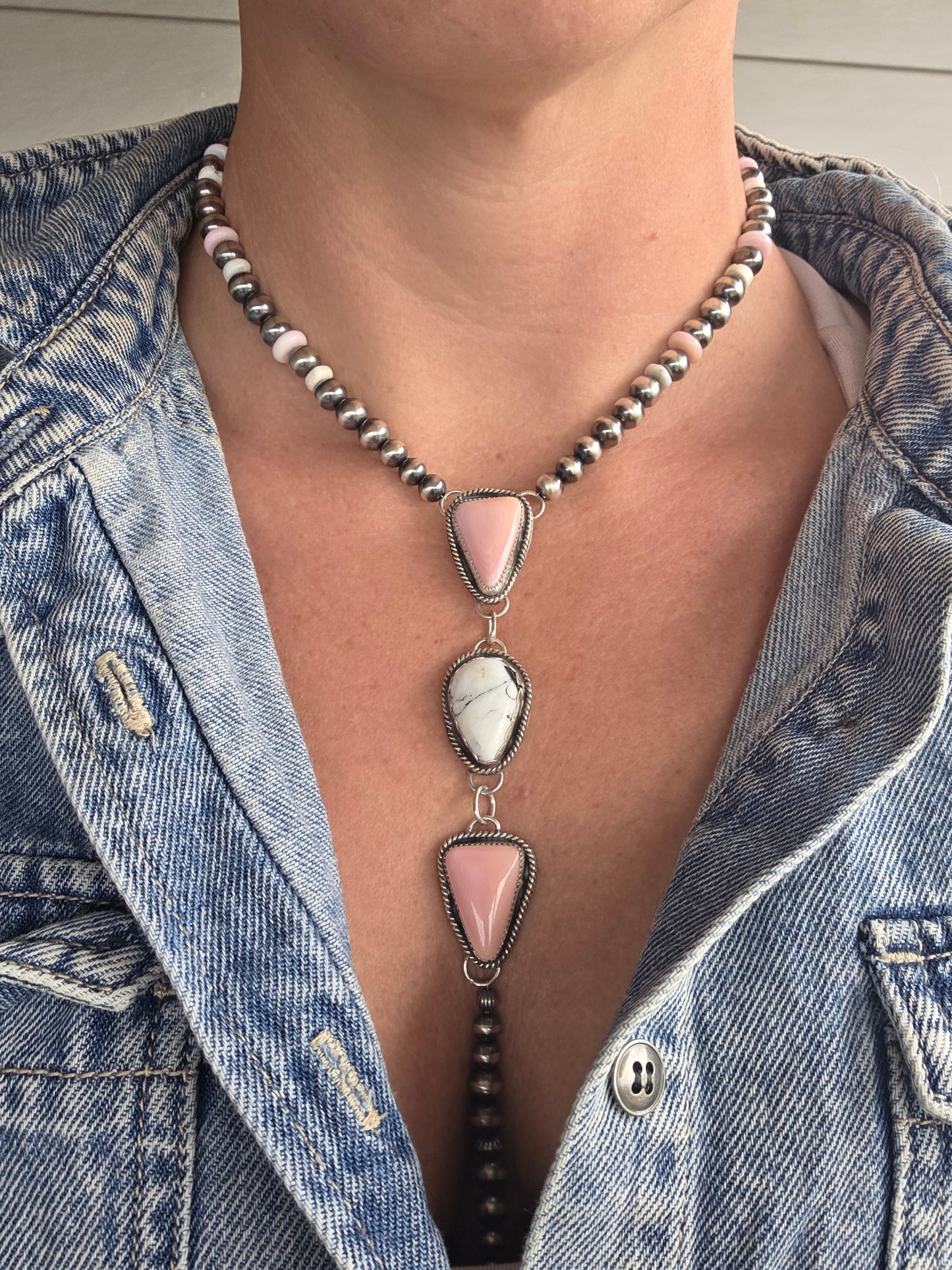 Pink Conch & White Buffalo Sterling Silver Navajo Style Pearls, White Buffalo, & Pink Conch 16 inches. 6 inch drop