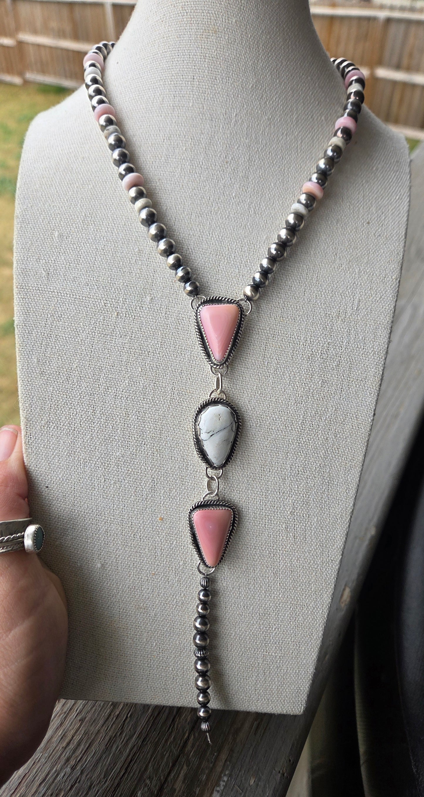 Pink Conch & White Buffalo Sterling Silver Navajo Style Pearls, White Buffalo, & Pink Conch 16 inches. 6 inch drop