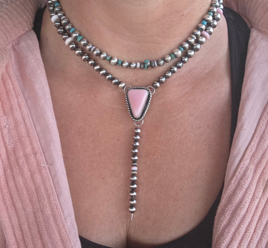 Pink Conch & Sterling Silver Navajo Style Pearls 16 inches