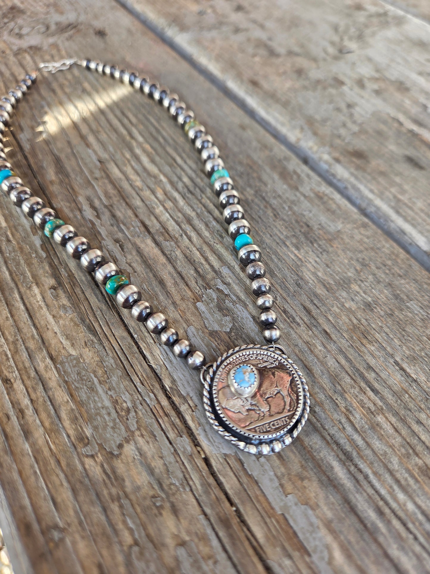 Buffalo Coin & Golden Hills Turquoise • Sterling Silver Pearls • Kingsmen Beads