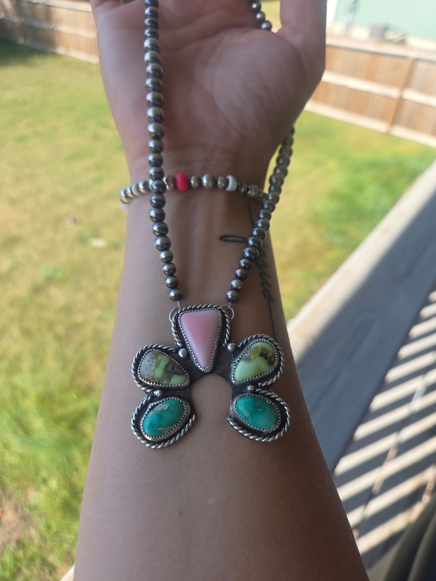 Palomino, Pink Conch, Emerald Valley Turquoise, Sterling Silver Navajo Style Pearls. 16 inches