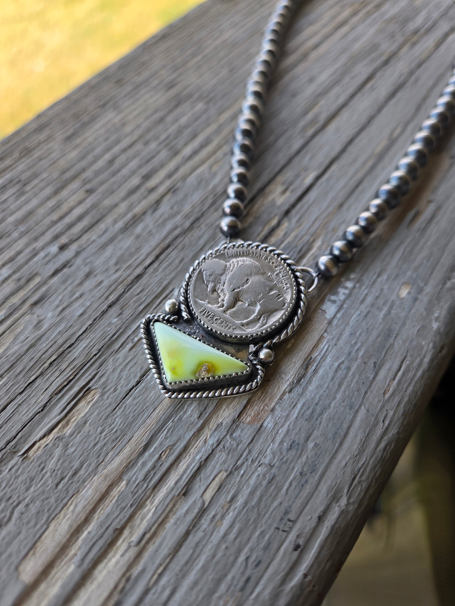 Buffalo Coin• Palomino • Sterling Silver Navajo Style Pearl 15.5 inches