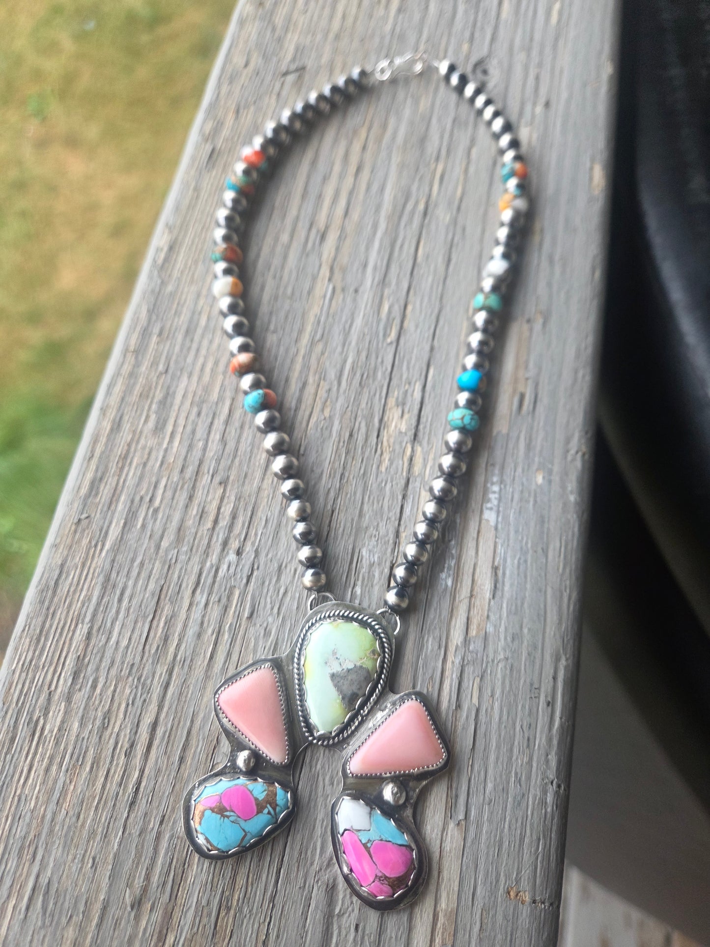 Palomino, Pink Conch, CottonCandy, Sterling Silver Navajo Style Pearls & Spiny Oyster Kingsmen Turquoise. 16 inches