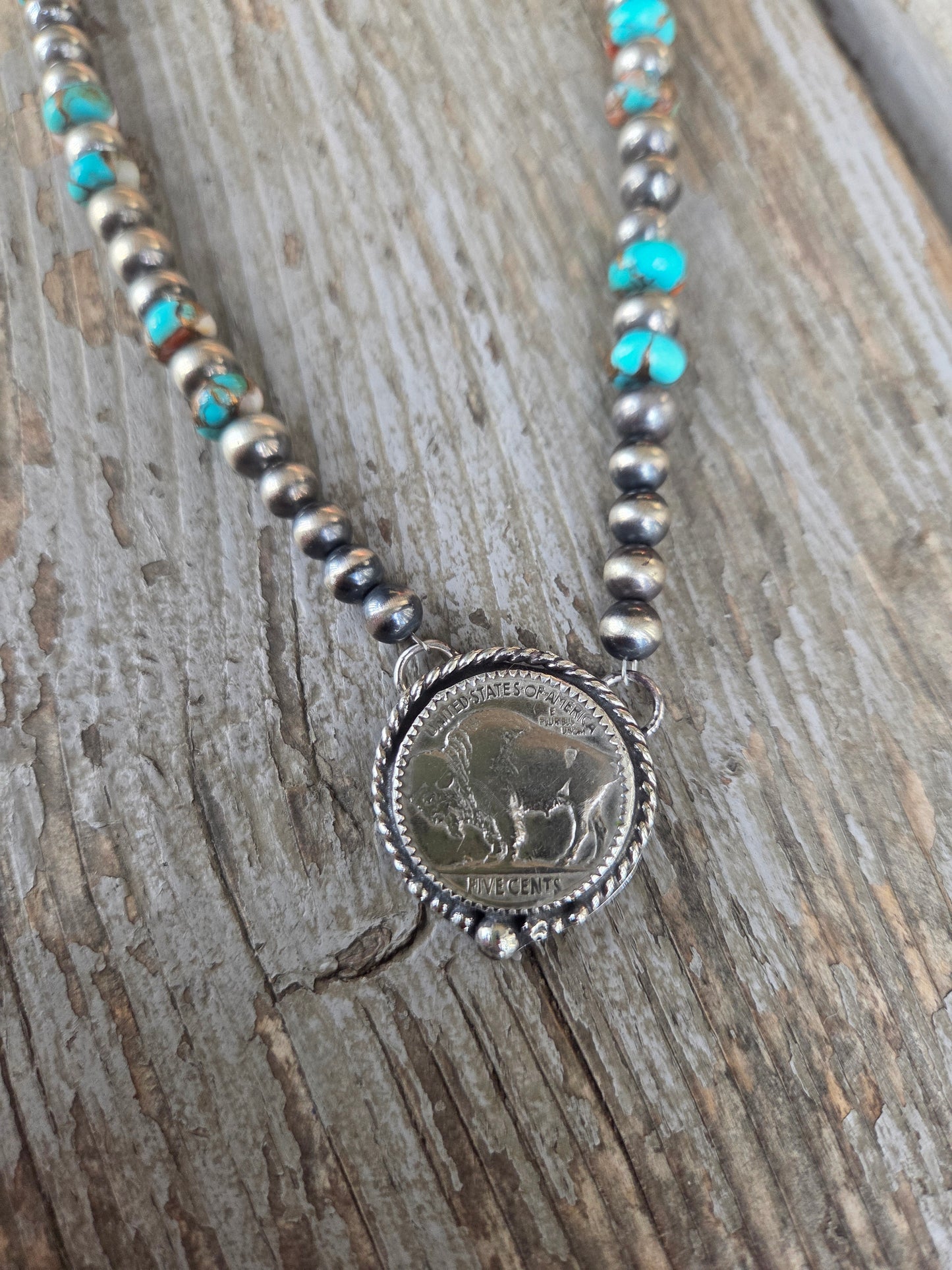 Buffalo Coin• Spiny Oyster Kingsmen Turquoise • Sterling Silver Navajo Style Pearl