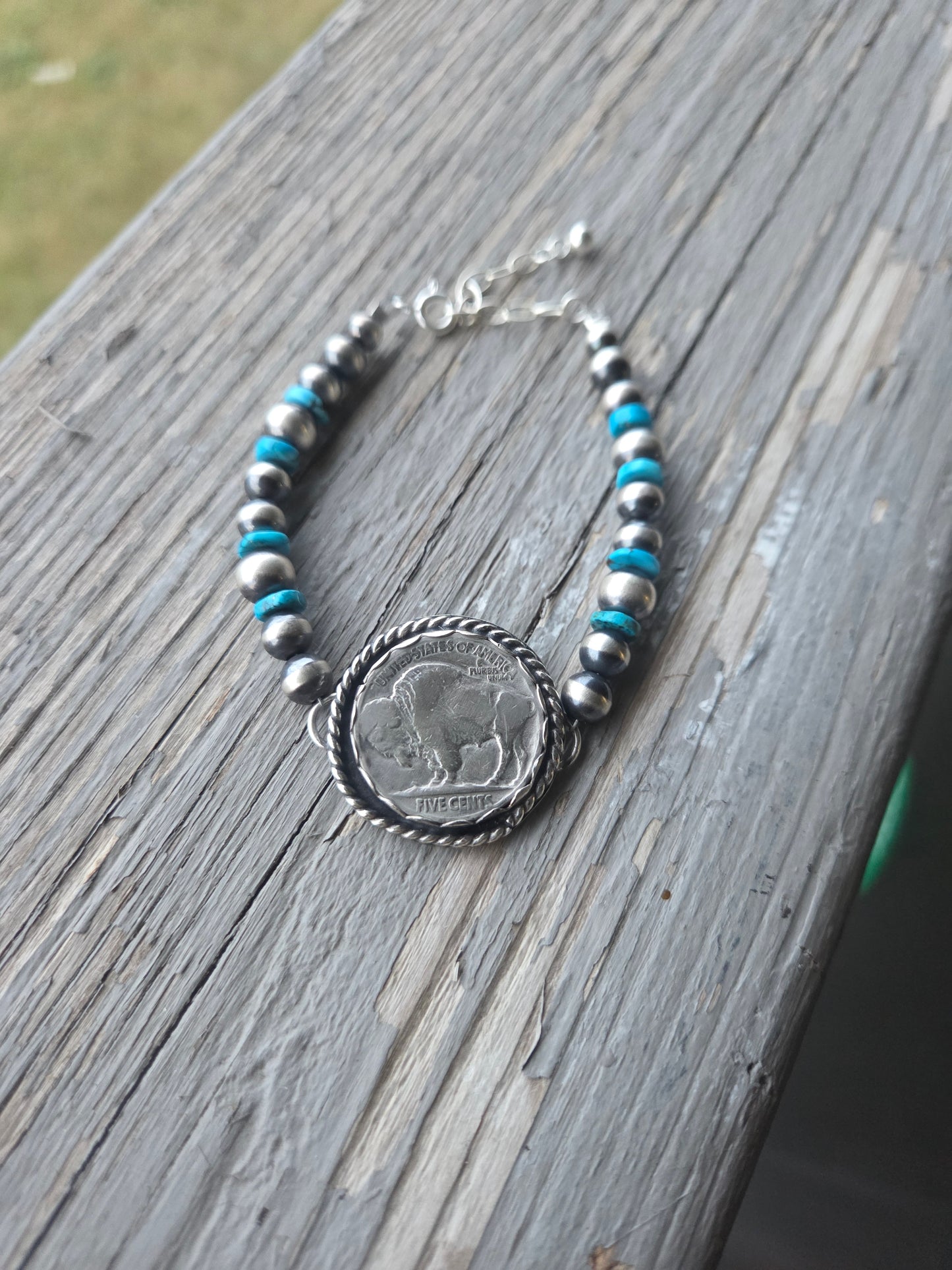 Buffalo Coin•Sterling Silver Navajo Style Pearl • Turquoise Sterling Silver Adjustable clasp.  fits size 6.25-8