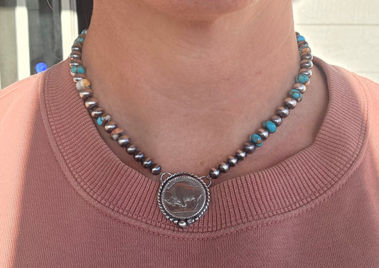 Buffalo Coin• Spiny Oyster Kingsmen Turquoise • Sterling Silver Navajo Style Pearl