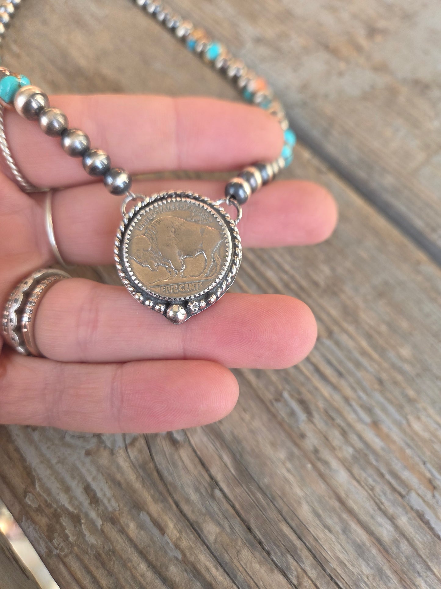 Buffalo Coin• Spiny Oyster Kingsmen Turquoise • Sterling Silver Navajo Style Pearl