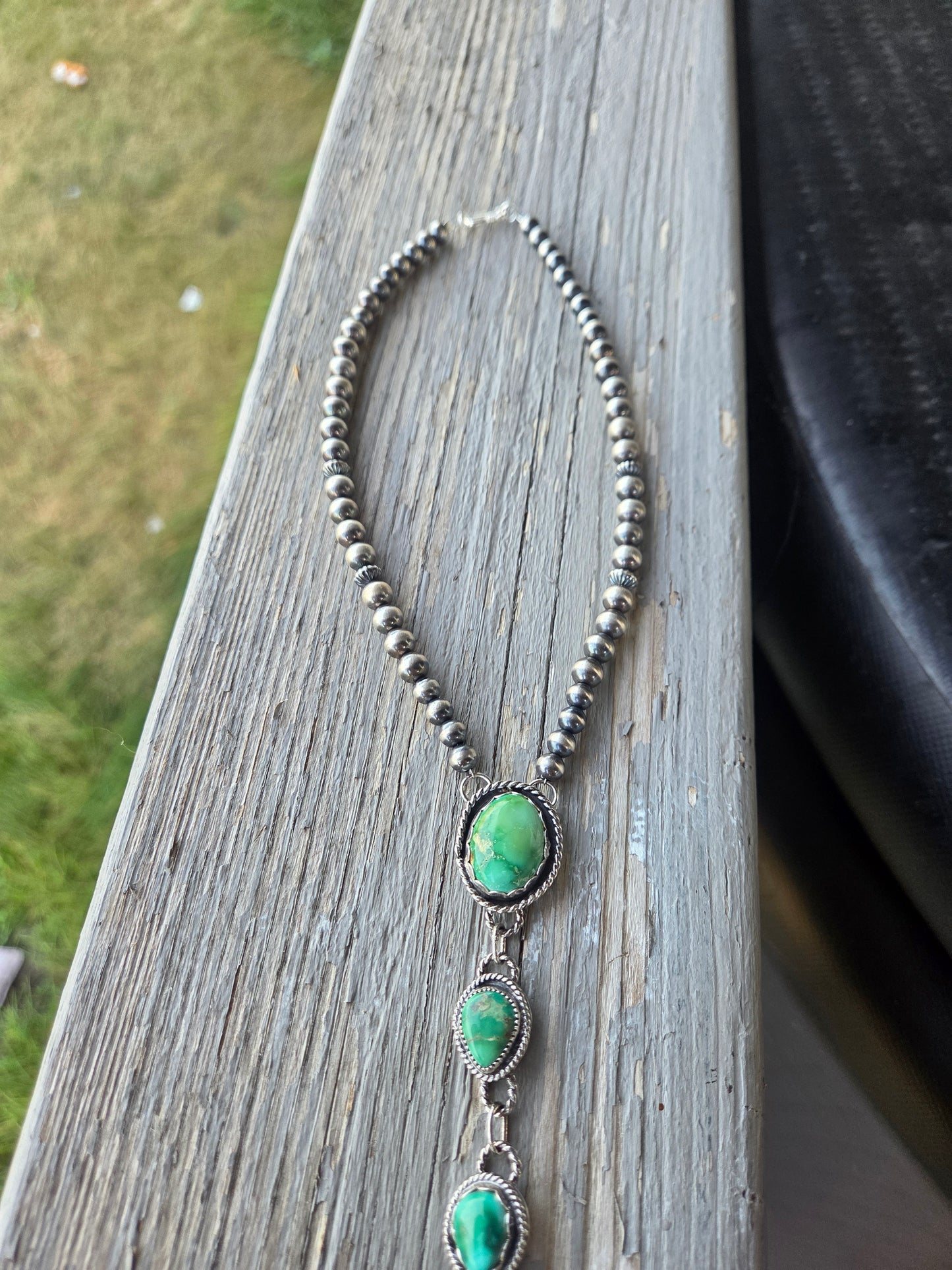 Choker Lariet Emerald Valley & Sonoran Turquoise & Sterling Silver Navajo Style Pearl • 16 inches with 6 inch drop