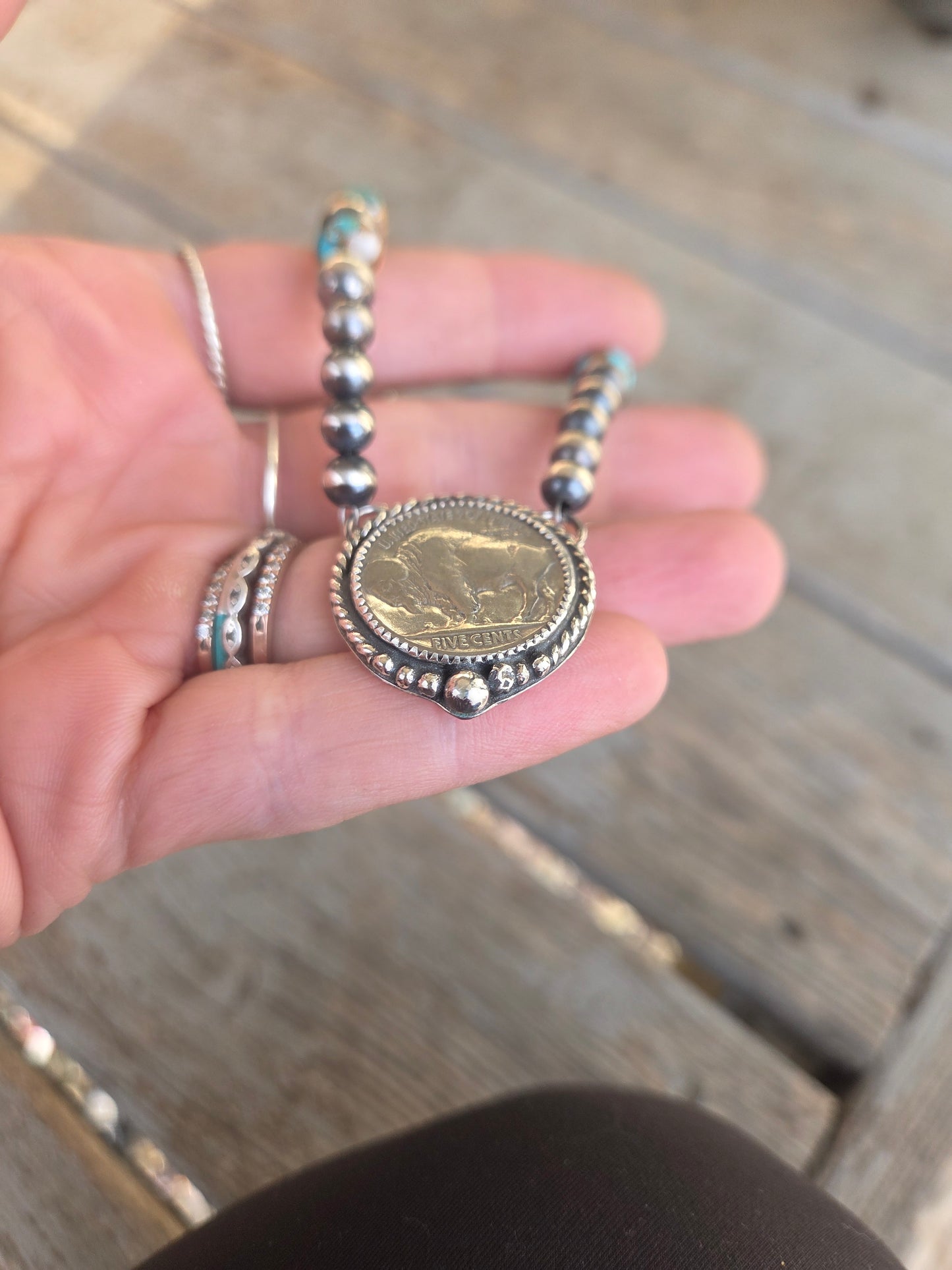 Buffalo Coin• Spiny Oyster Kingsmen Turquoise • Sterling Silver Navajo Style Pearl