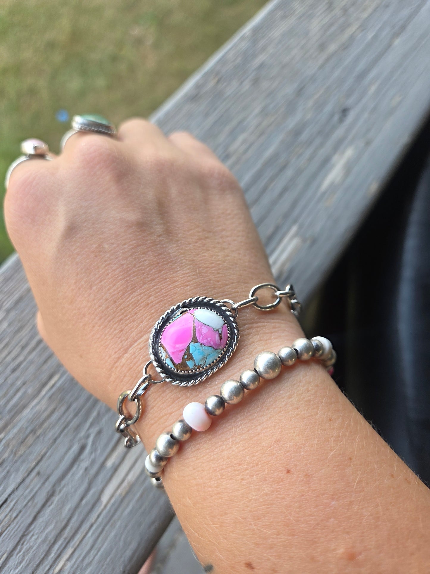 Sterling Silver Chain link adjustable bracelet & Cotton Candy Turquoise