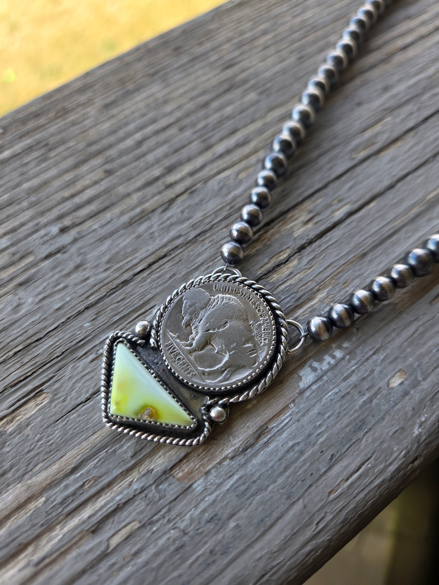Buffalo Coin• Palomino • Sterling Silver Navajo Style Pearl 15.5 inches