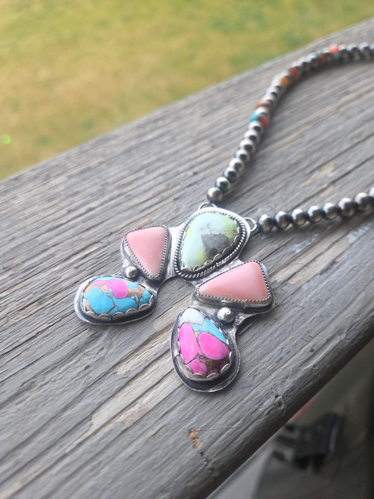 Palomino, Pink Conch, CottonCandy, Sterling Silver Navajo Style Pearls & Spiny Oyster Kingsmen Turquoise. 16 inches