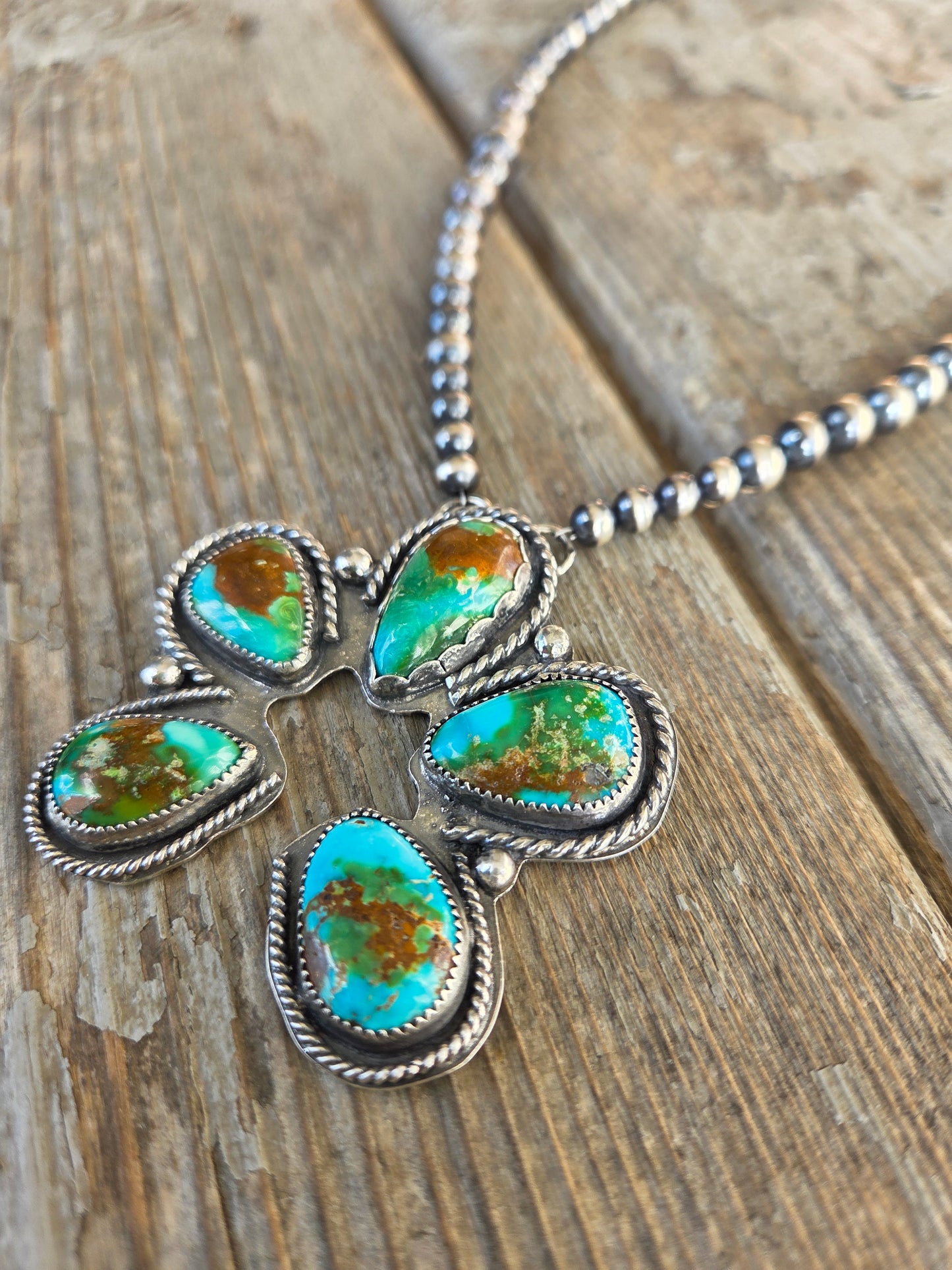 Sonoran Turquoise & Sterling Silver Navajo Style Pearls. 16 inches