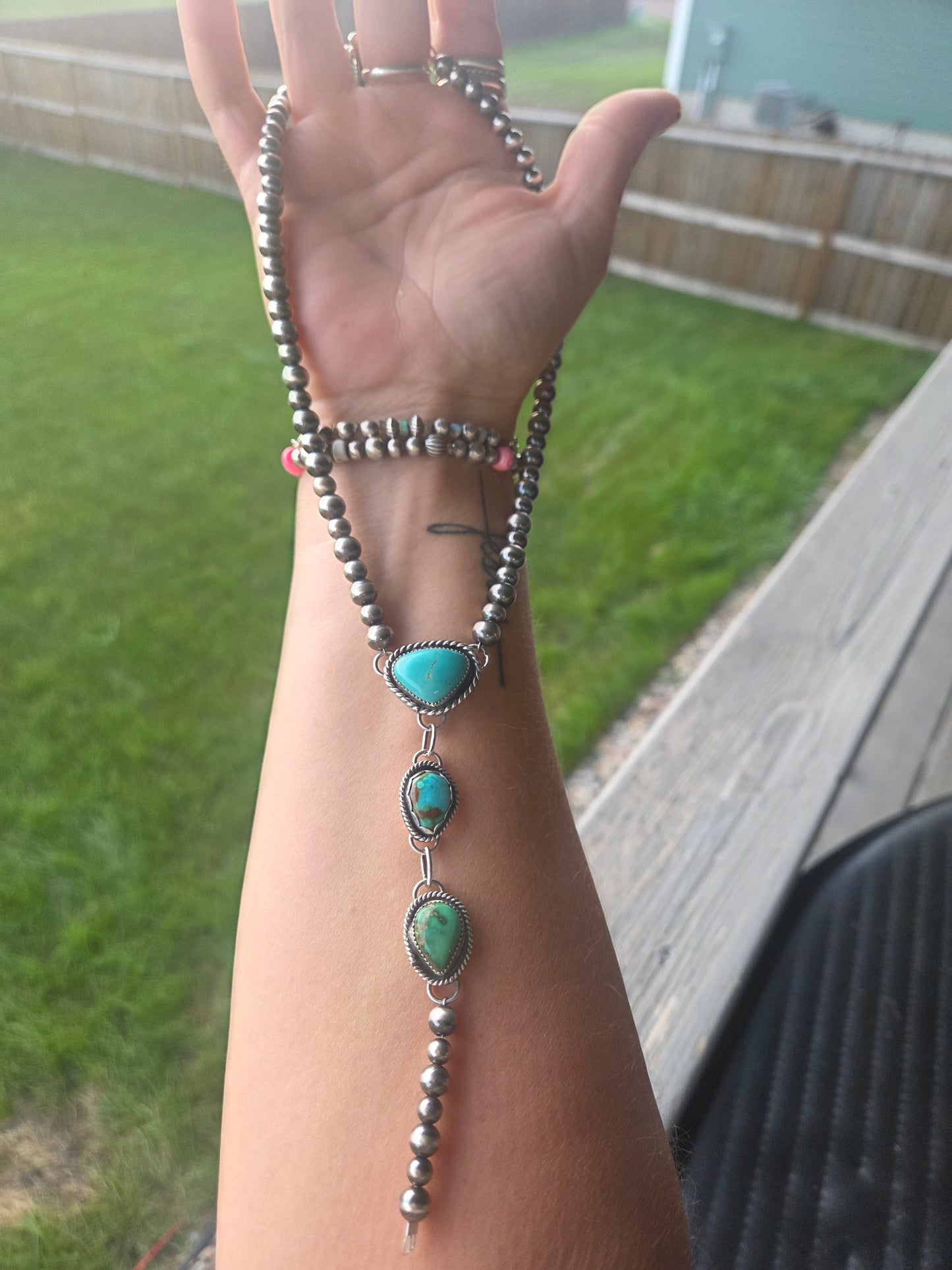 Sterling Silver Navajo Style Pearls • Sonoran • Chilean Turquoise  18 inches
