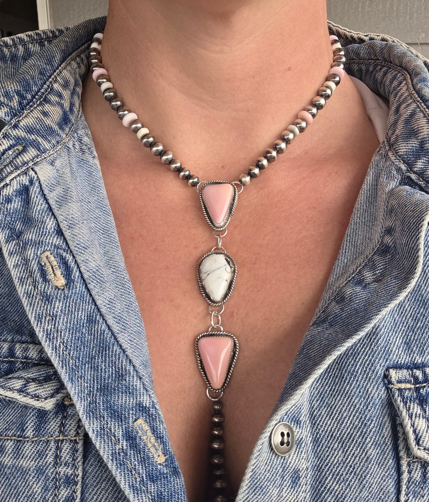Pink Conch & White Buffalo Sterling Silver Navajo Style Pearls, White Buffalo, & Pink Conch 16 inches. 6 inch drop
