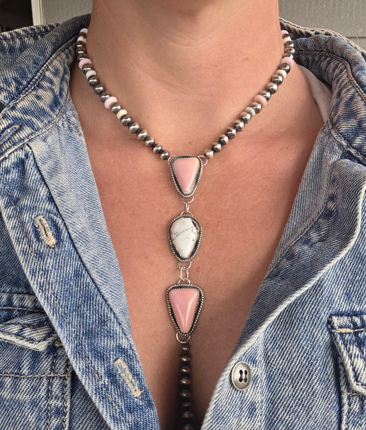 Pink Conch & White Buffalo Sterling Silver Navajo Style Pearls, White Buffalo, & Pink Conch 16 inches. 6 inch drop