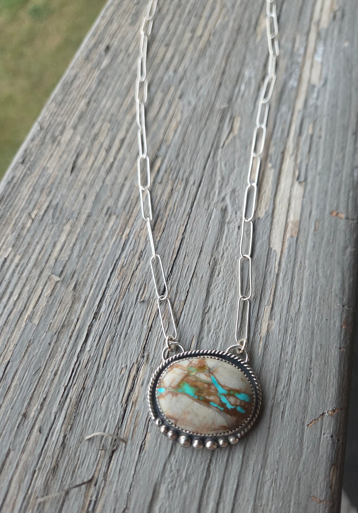 Boulder Turquoise on Paper Clip sterling Silver Chain
