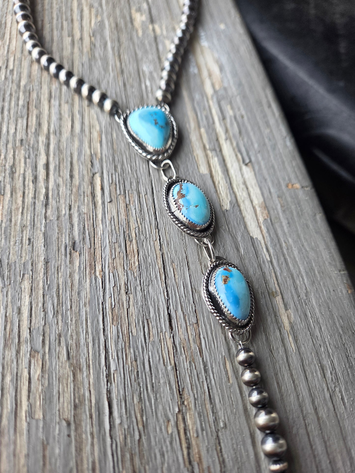 Choker Lariet Golden Hill Turquoise & Sterling Silver Navajo Style Pearl • 15.5 inches with 6 inch drop