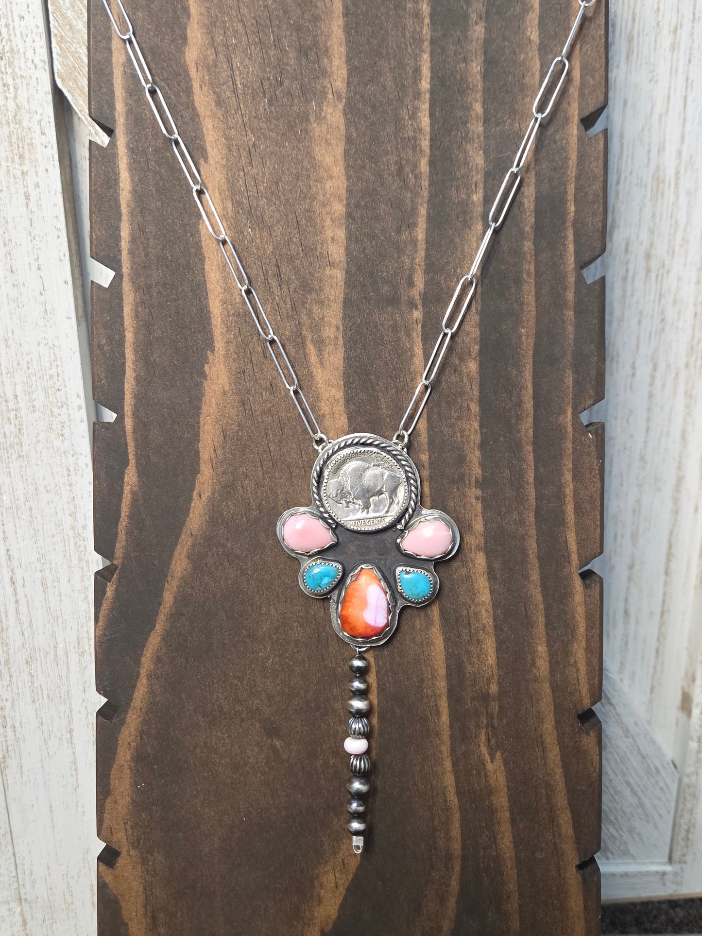 Buffalo Coin•Pink Spiny• Kingsmen Turquoise • Pink Conch with sterling pearls. 18 inches-adjustable chain