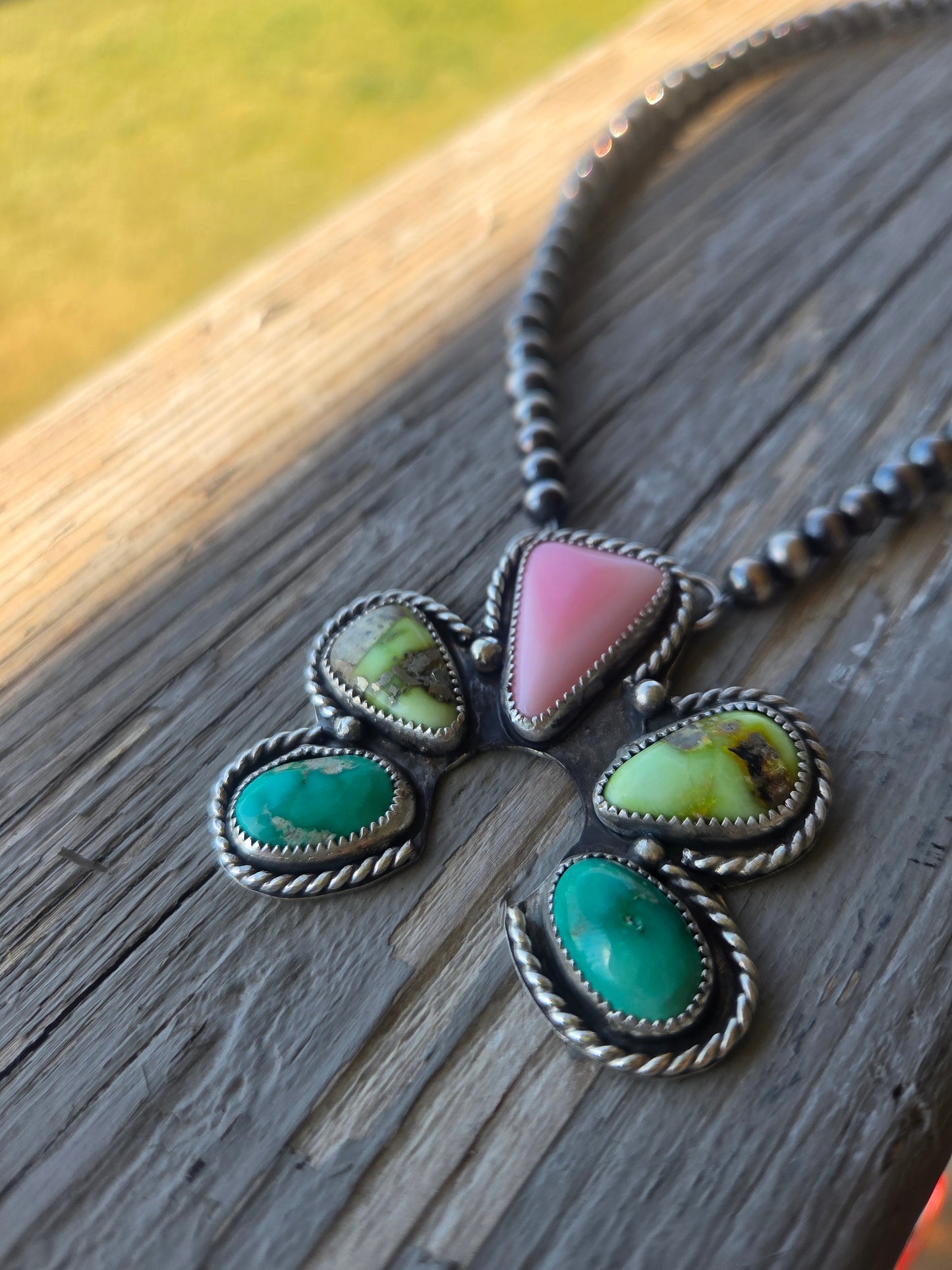 Palomino, Pink Conch, Emerald Valley Turquoise, Sterling Silver Navajo Style Pearls. 16 inches