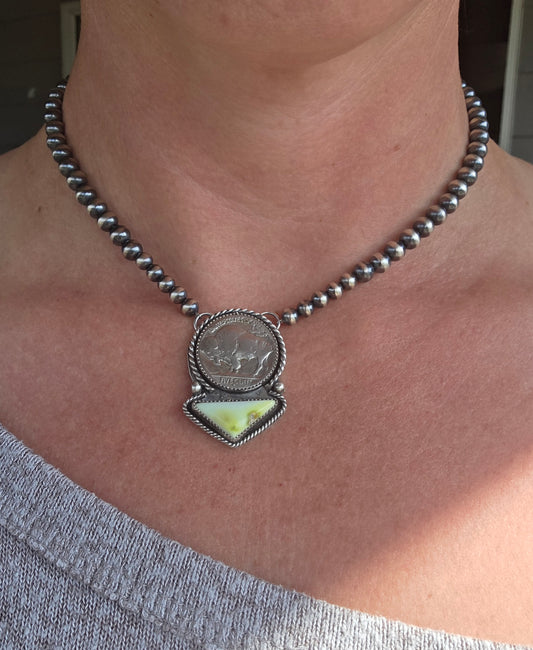 Buffalo Coin• Palomino • Sterling Silver Navajo Style Pearl 15.5 inches
