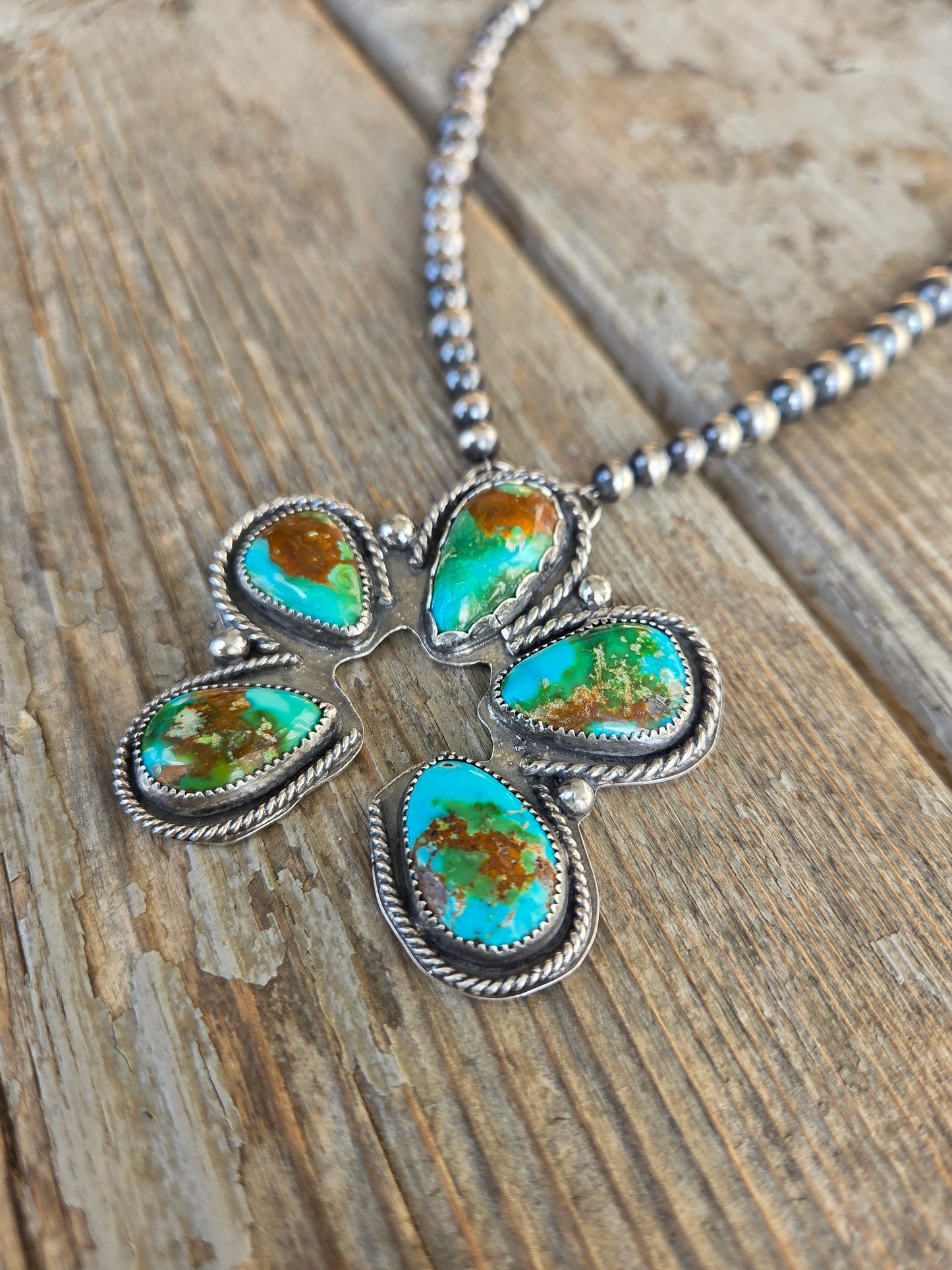 Sonoran Turquoise & Sterling Silver Navajo Style Pearls. 16 inches