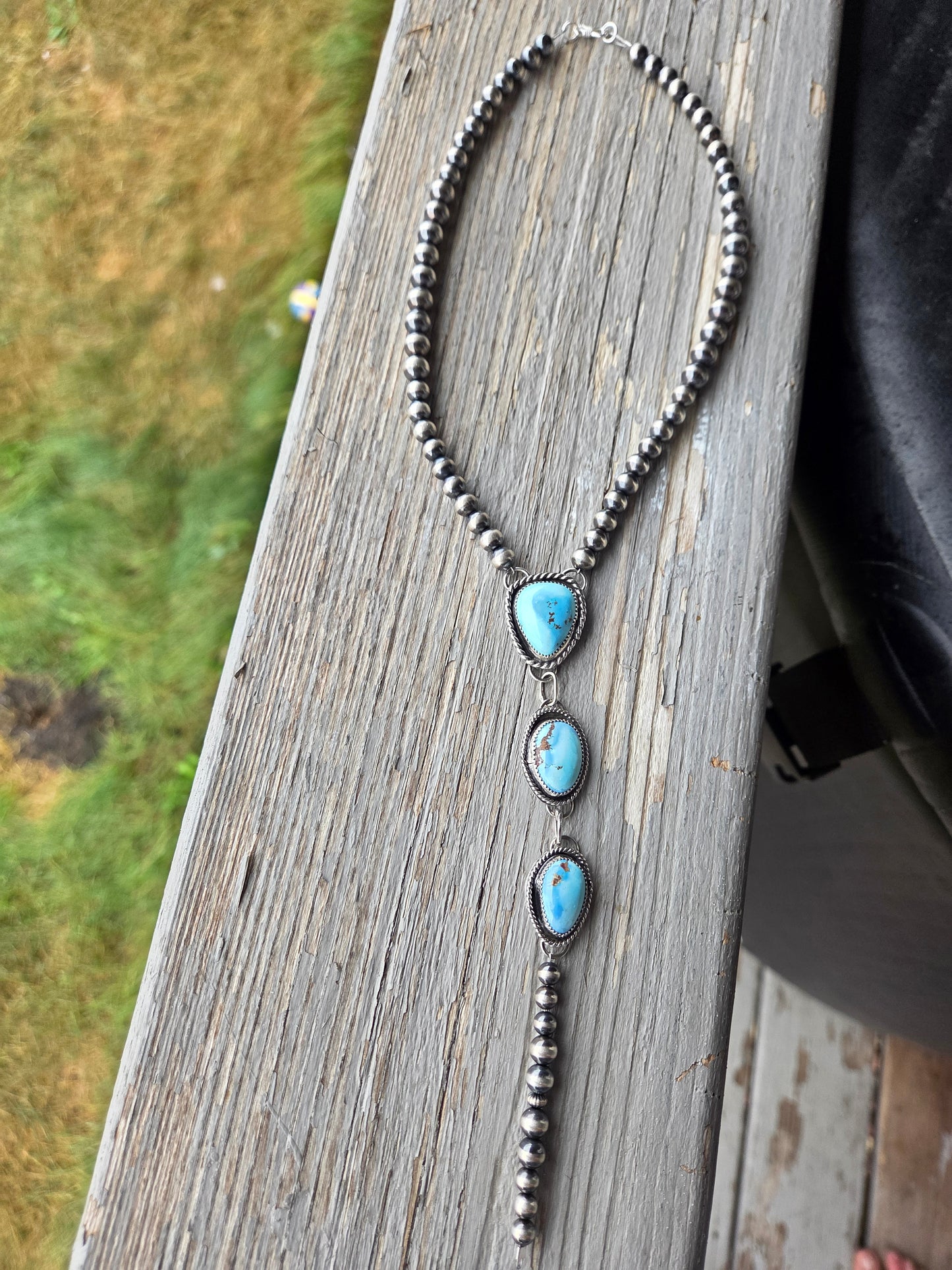 Choker Lariet Golden Hill Turquoise & Sterling Silver Navajo Style Pearl • 15.5 inches with 6 inch drop