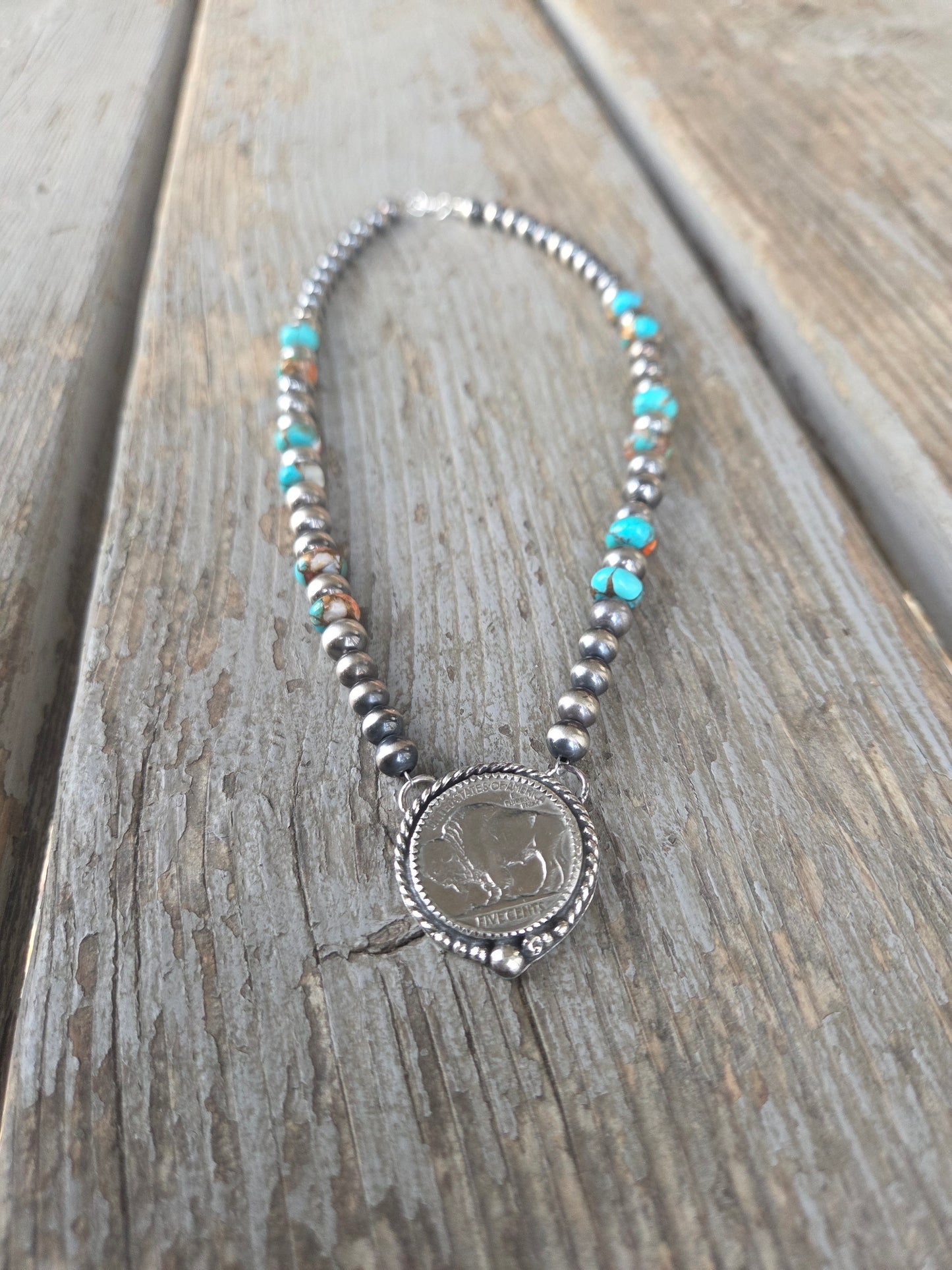 Buffalo Coin• Spiny Oyster Kingsmen Turquoise • Sterling Silver Navajo Style Pearl