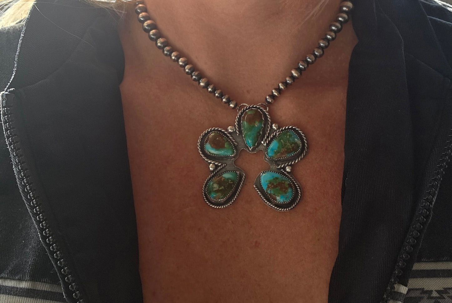 Sonoran Turquoise & Sterling Silver Navajo Style Pearls. 16 inches