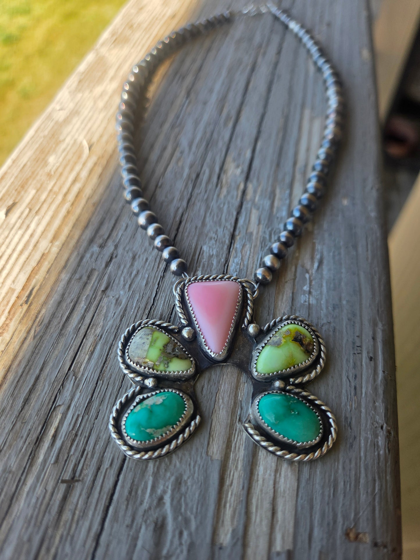 Palomino, Pink Conch, Emerald Valley Turquoise, Sterling Silver Navajo Style Pearls. 16 inches