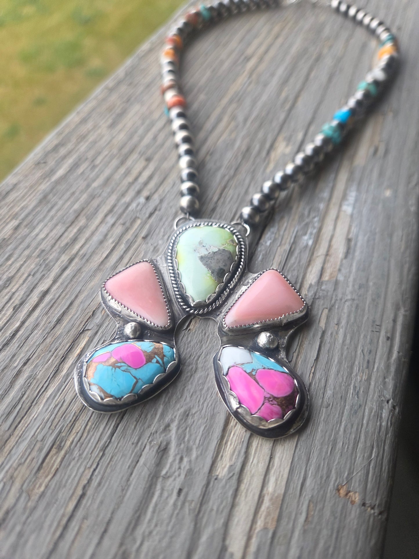 Palomino, Pink Conch, CottonCandy, Sterling Silver Navajo Style Pearls & Spiny Oyster Kingsmen Turquoise. 16 inches