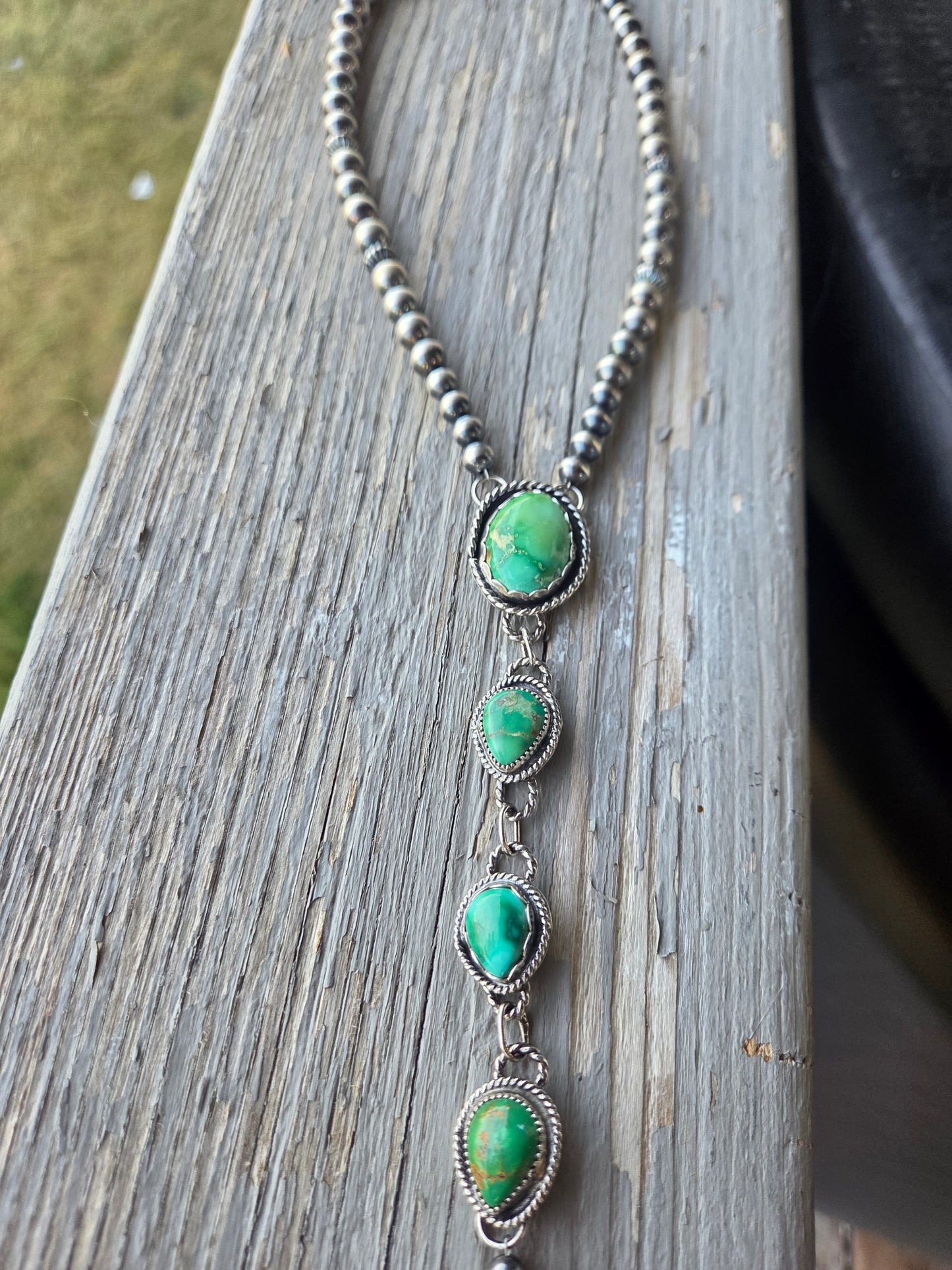 Choker Lariet Emerald Valley & Sonoran Turquoise & Sterling Silver Navajo Style Pearl • 16 inches with 6 inch drop
