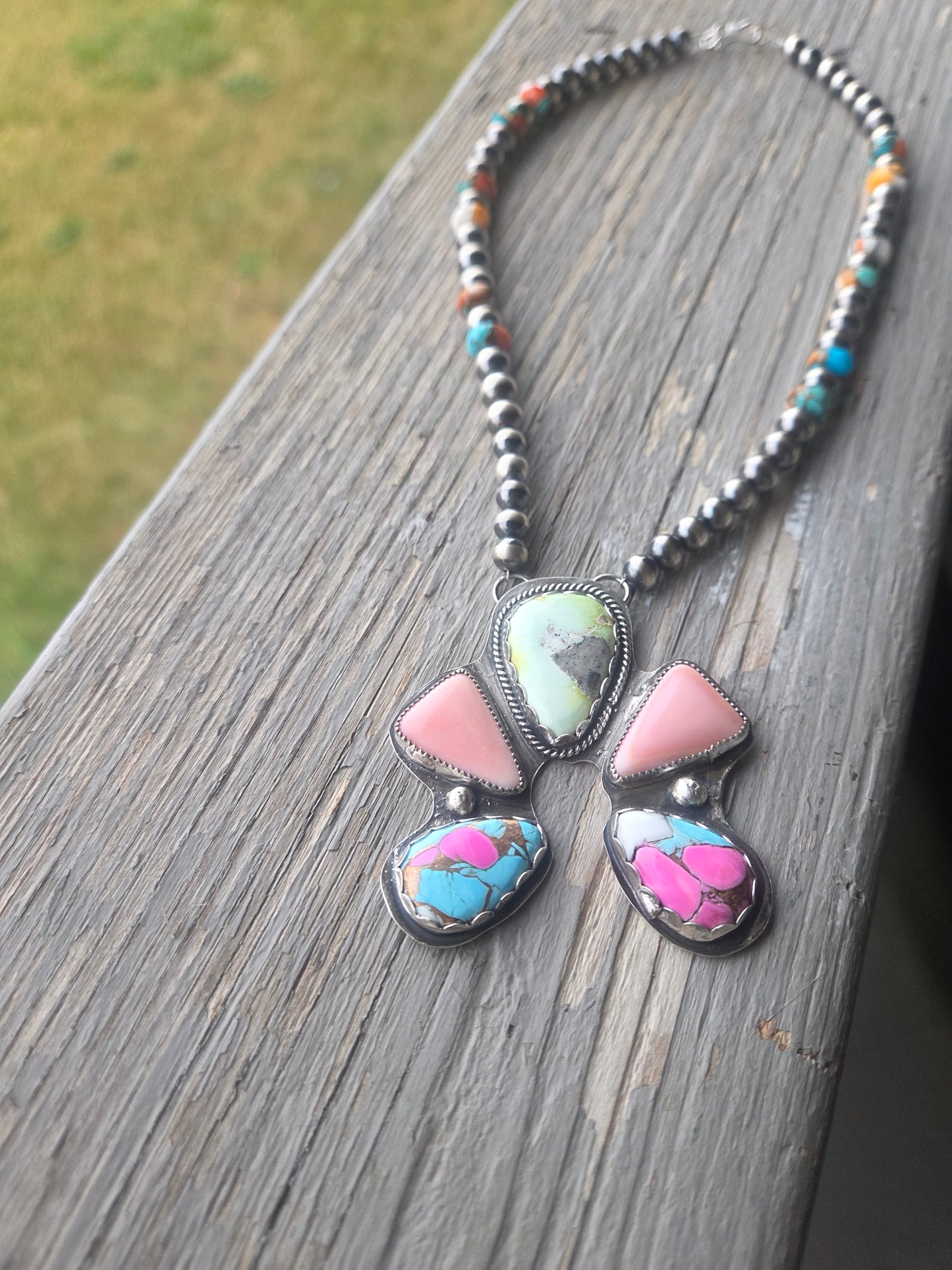 Palomino, Pink Conch, CottonCandy, Sterling Silver Navajo Style Pearls & Spiny Oyster Kingsmen Turquoise. 16 inches