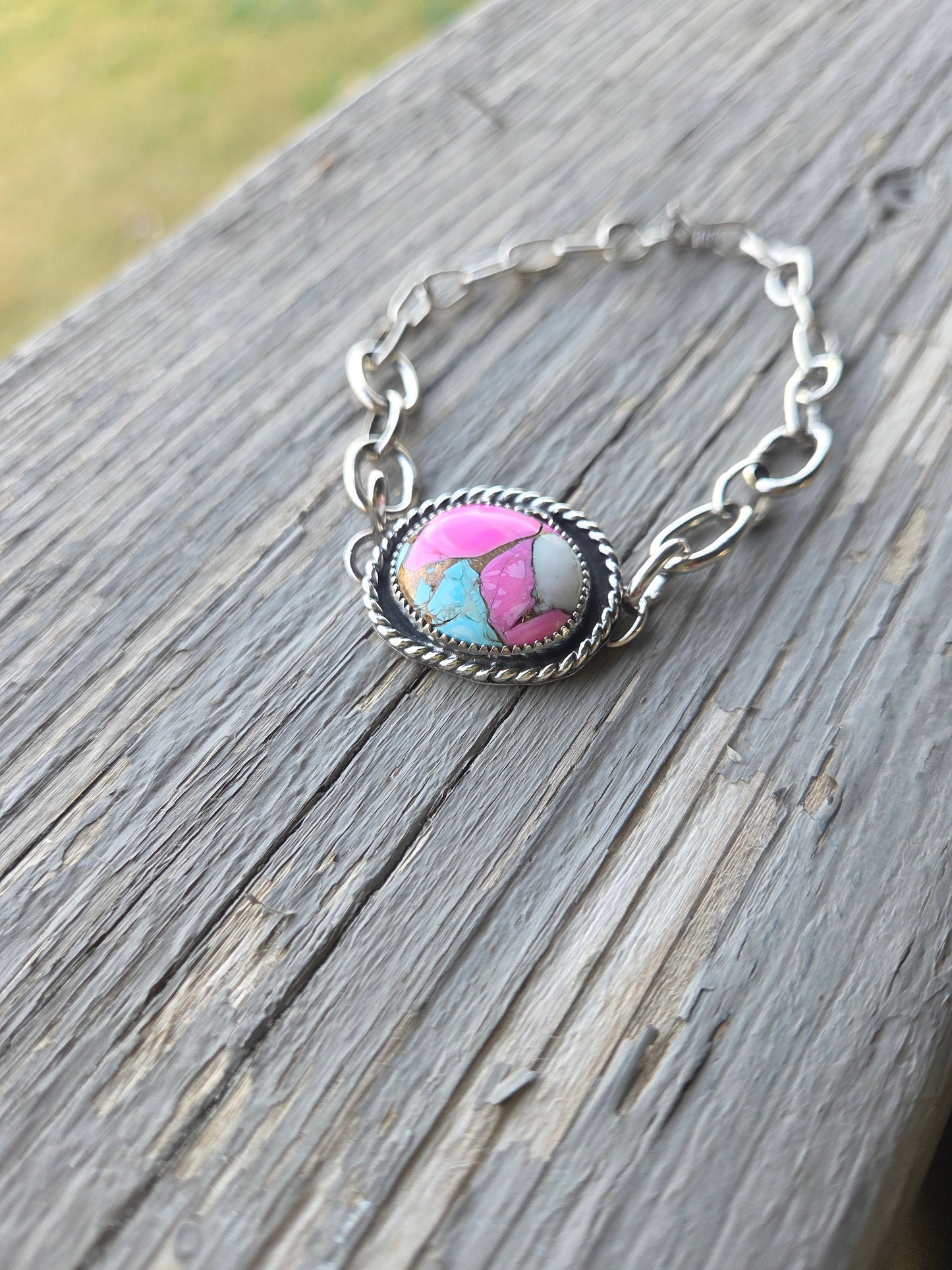 Sterling Silver Chain link adjustable bracelet & Cotton Candy Turquoise