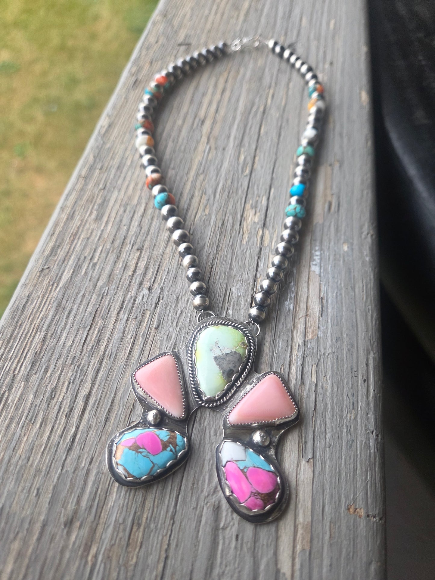 Palomino, Pink Conch, CottonCandy, Sterling Silver Navajo Style Pearls & Spiny Oyster Kingsmen Turquoise. 16 inches