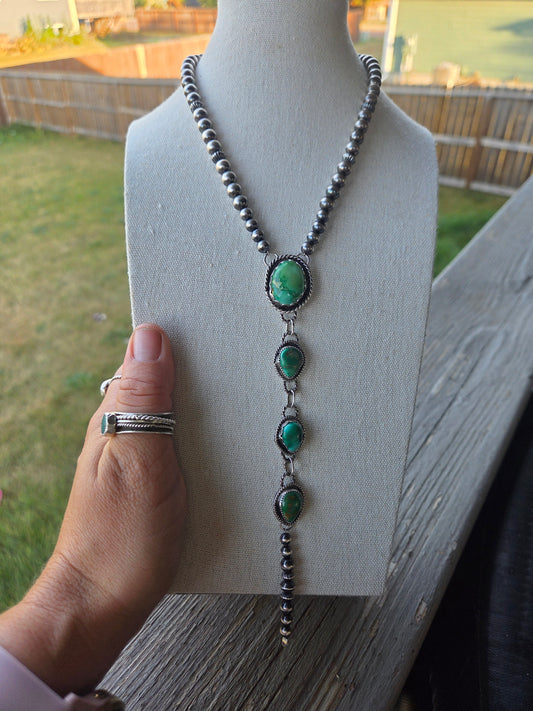 Choker Lariet Emerald Valley & Sonoran Turquoise & Sterling Silver Navajo Style Pearl • 16 inches with 6 inch drop