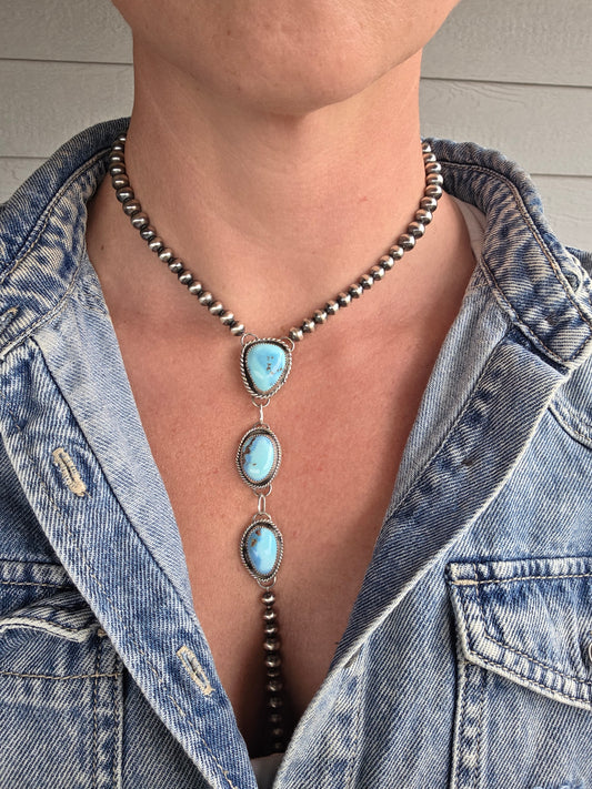 Choker Lariet Golden Hill Turquoise & Sterling Silver Navajo Style Pearl • 15.5 inches with 6 inch drop