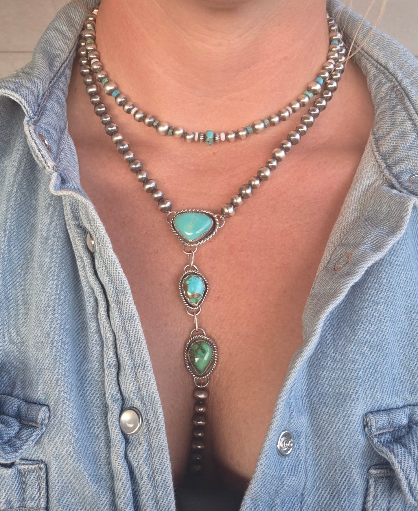Sterling Silver Navajo Style Pearls • Sonoran • Chilean Turquoise  18 inches