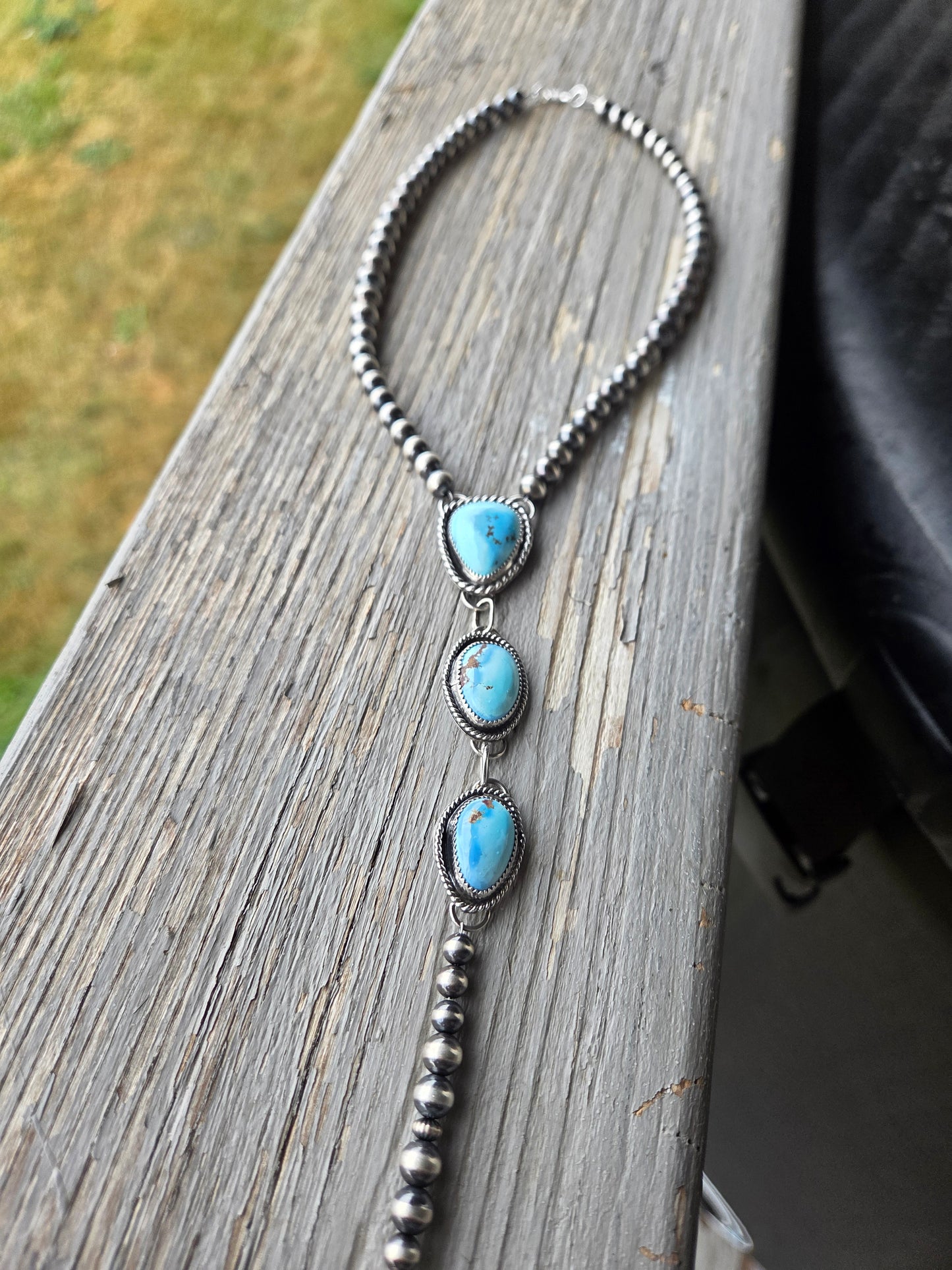 Choker Lariet Golden Hill Turquoise & Sterling Silver Navajo Style Pearl • 15.5 inches with 6 inch drop